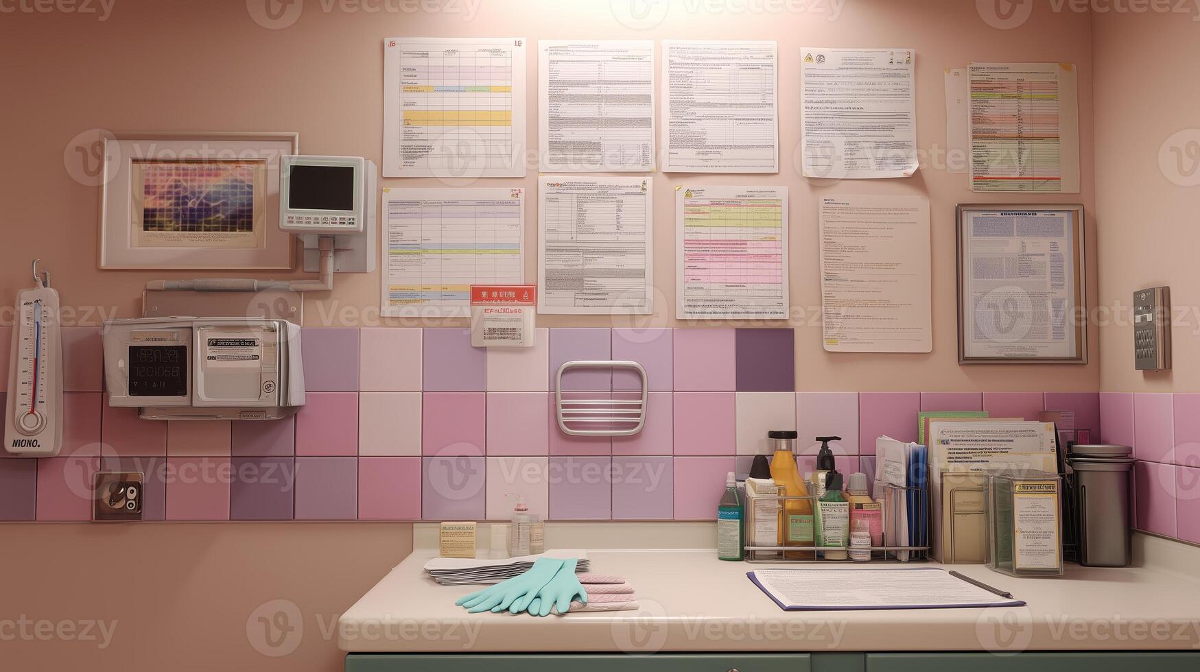 Clean and organized medical workspace with equipment and charts in a healthcare facility photo