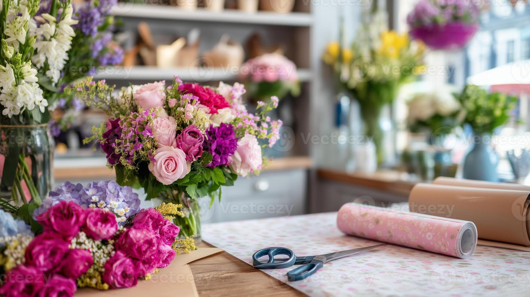 Fresh flowers arranged beautifully in a florist shop during a sunny day with crafting supplies ready for customers photo