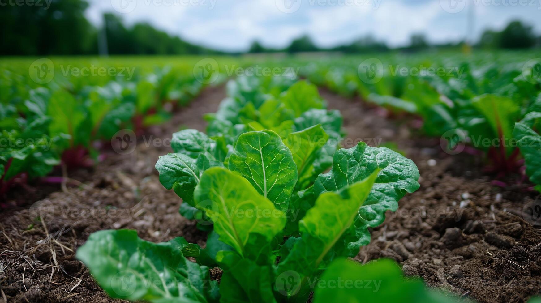 Bright green chard plants growing in rich soil on a sunny day in a rural farming field photo