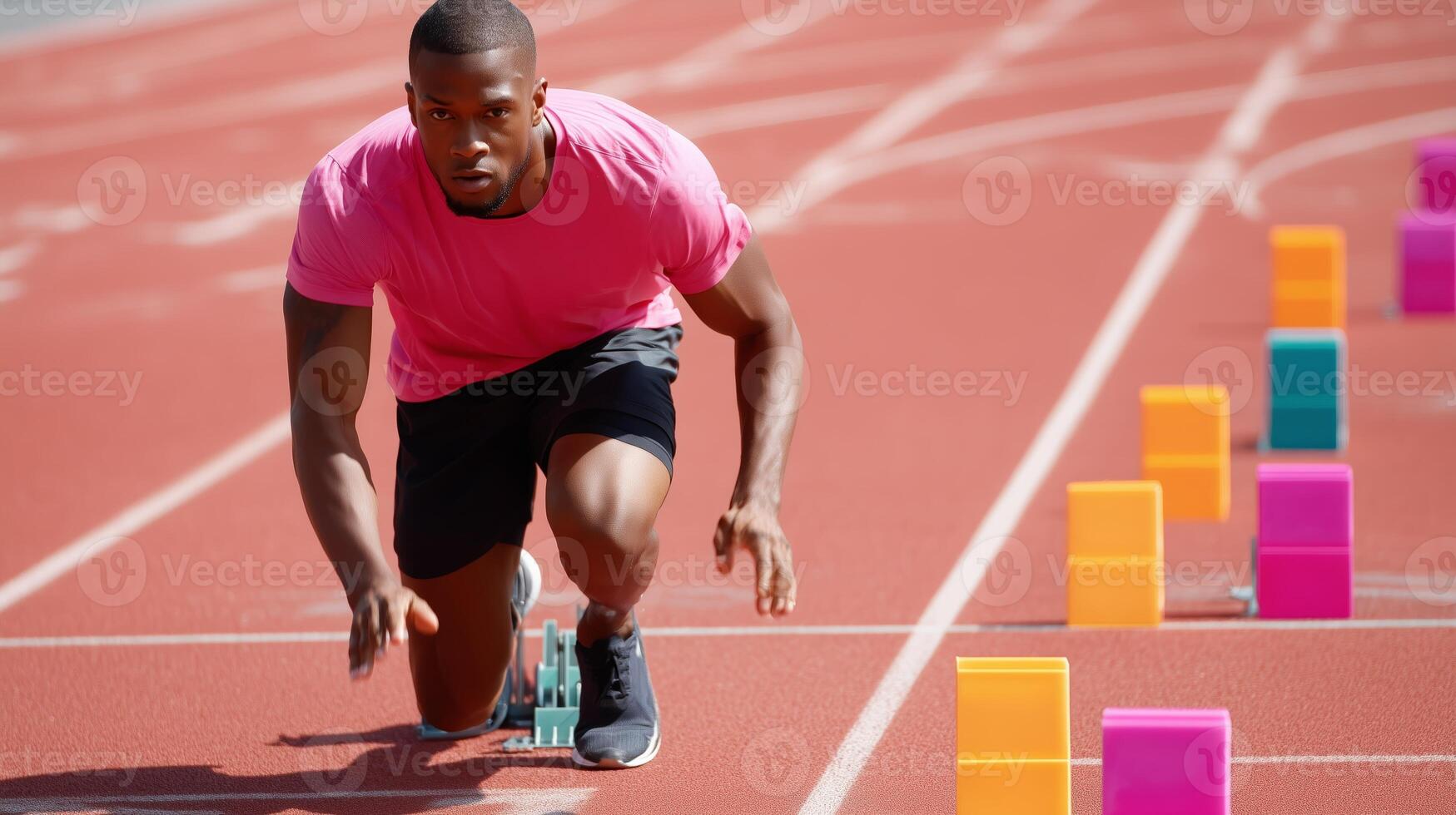 Athlete prepares to sprint on track with colorful starting blocks during daylight photo