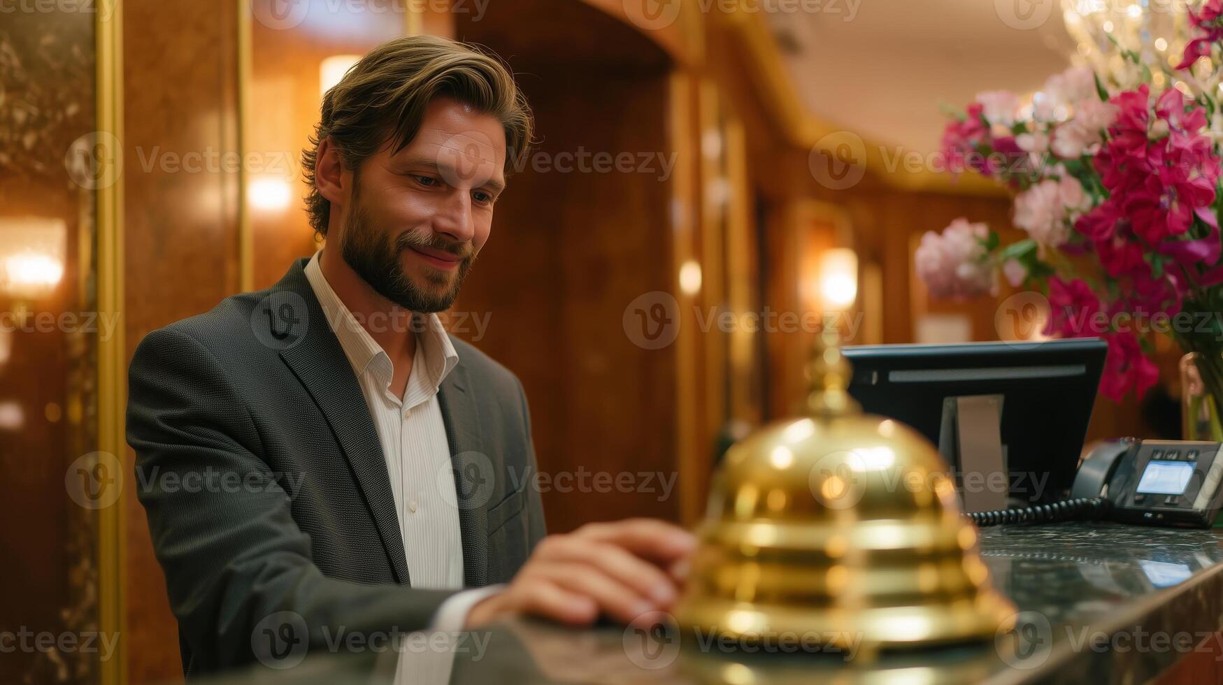 Man checks in at luxury hotel reception with elegant decor and warm ambiance in the evening photo