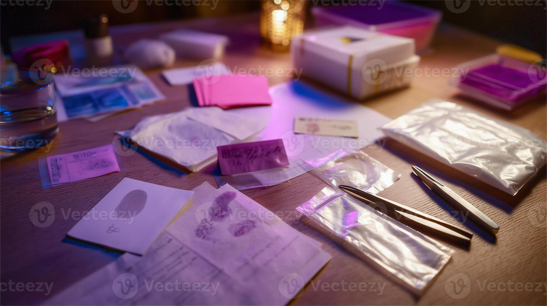 Investigative workspace filled with evidence and materials at night photo