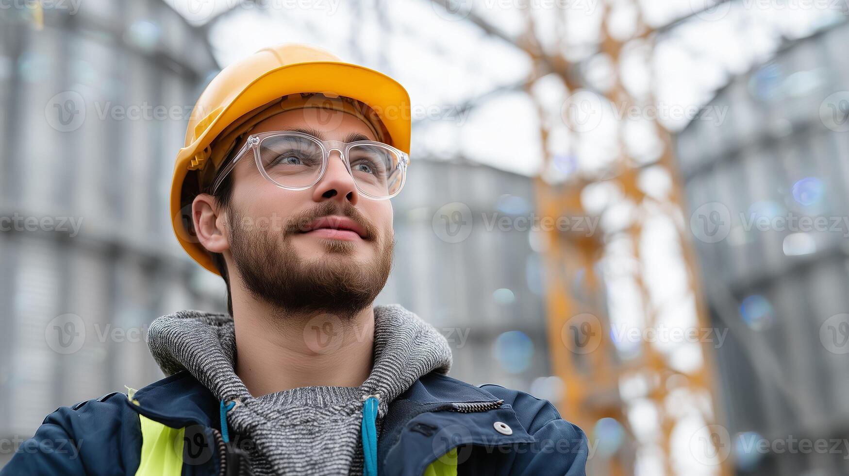 Worker in construction site wearing helmet and glasses while supervising the project at dawn photo