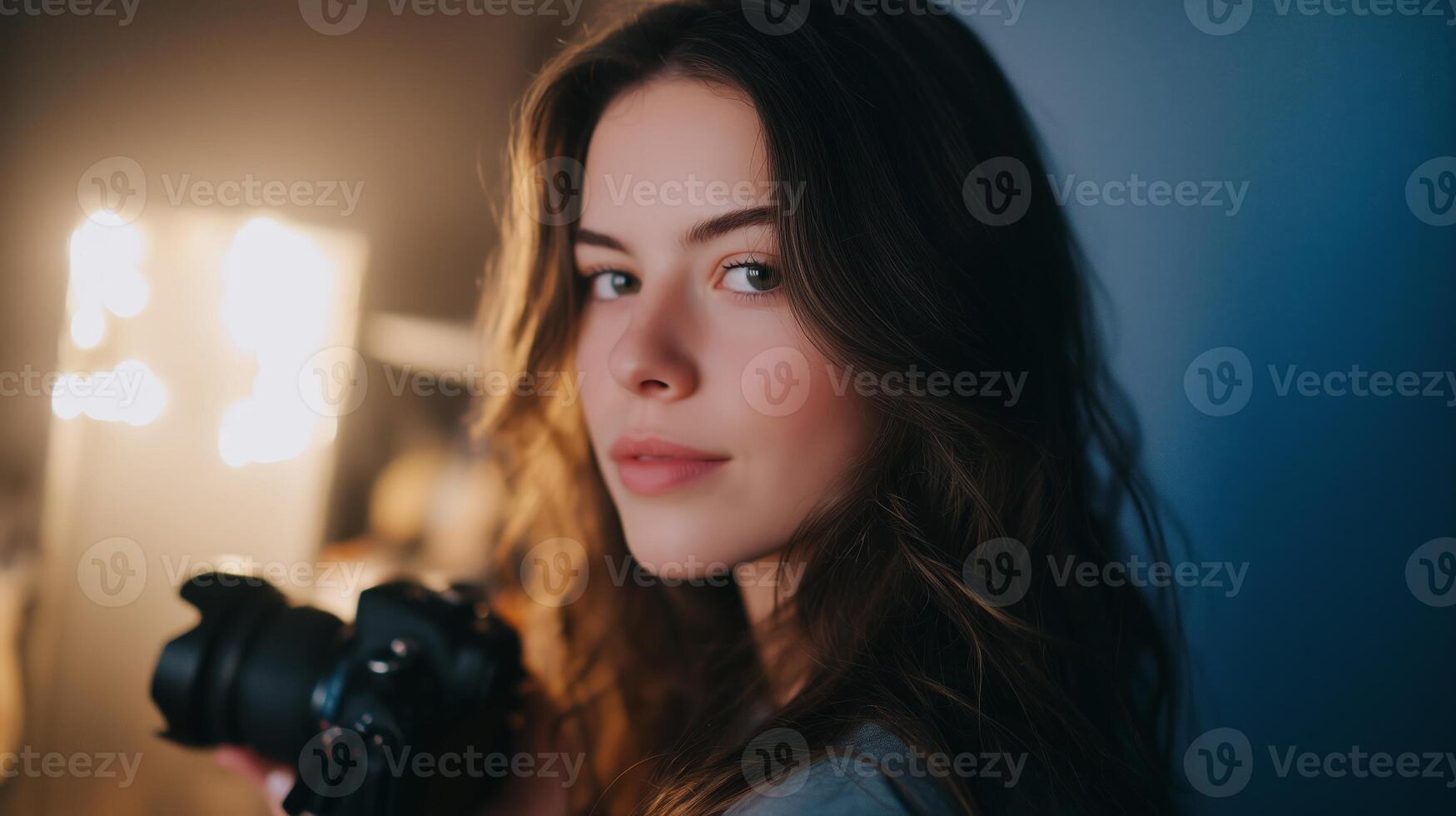 Young woman holding a camera and looking over her shoulder in a studio setting during evening light photo