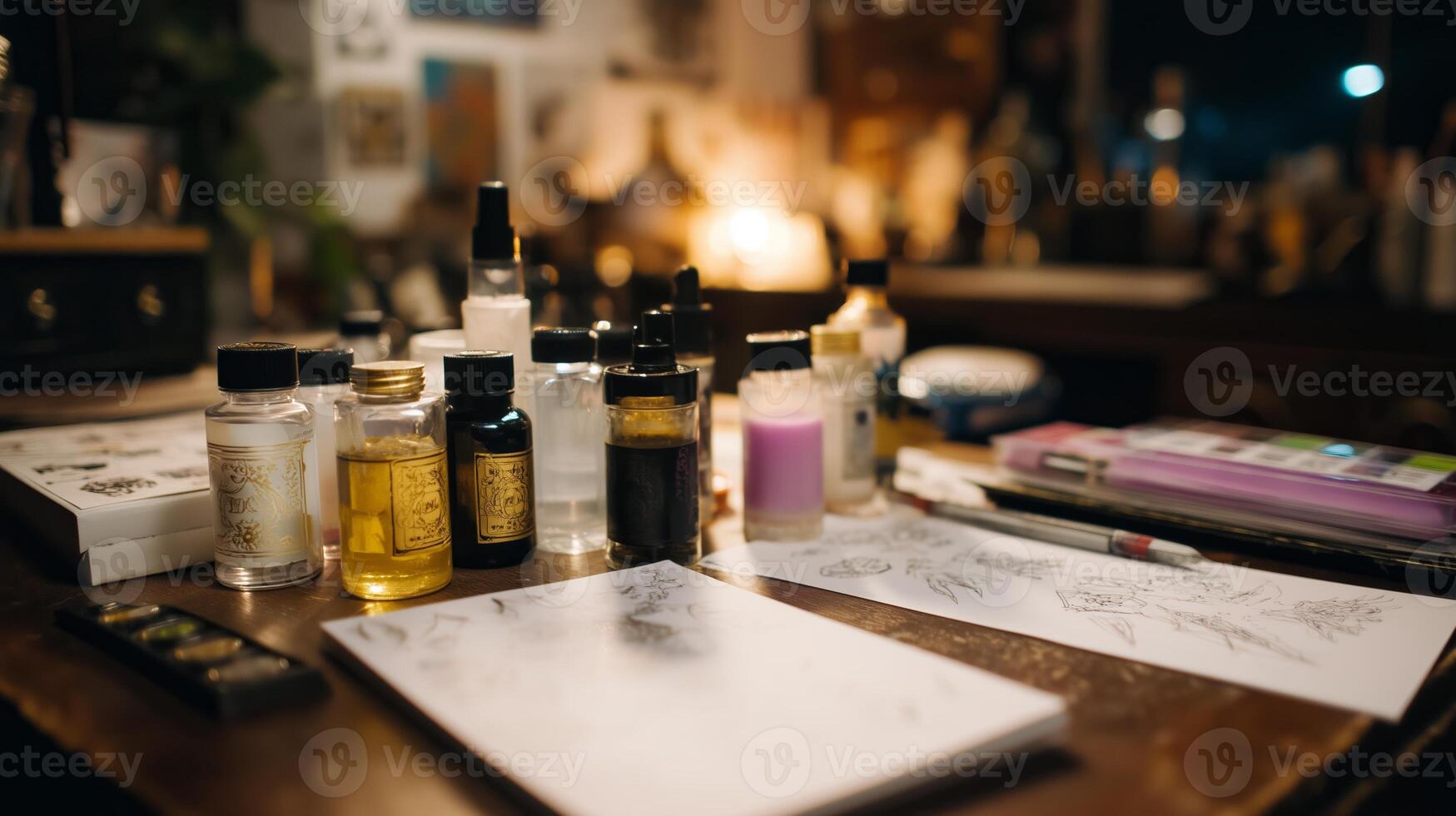 Creative workspace with art supplies and materials for crafting in a cozy studio setting during nighttime photo