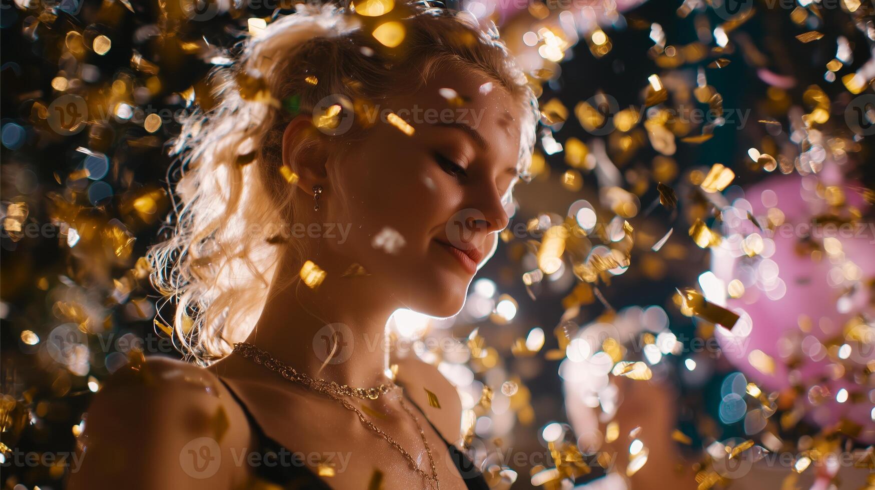 Celebration with confetti as a young woman enjoys a joyful moment during a festive party at night photo