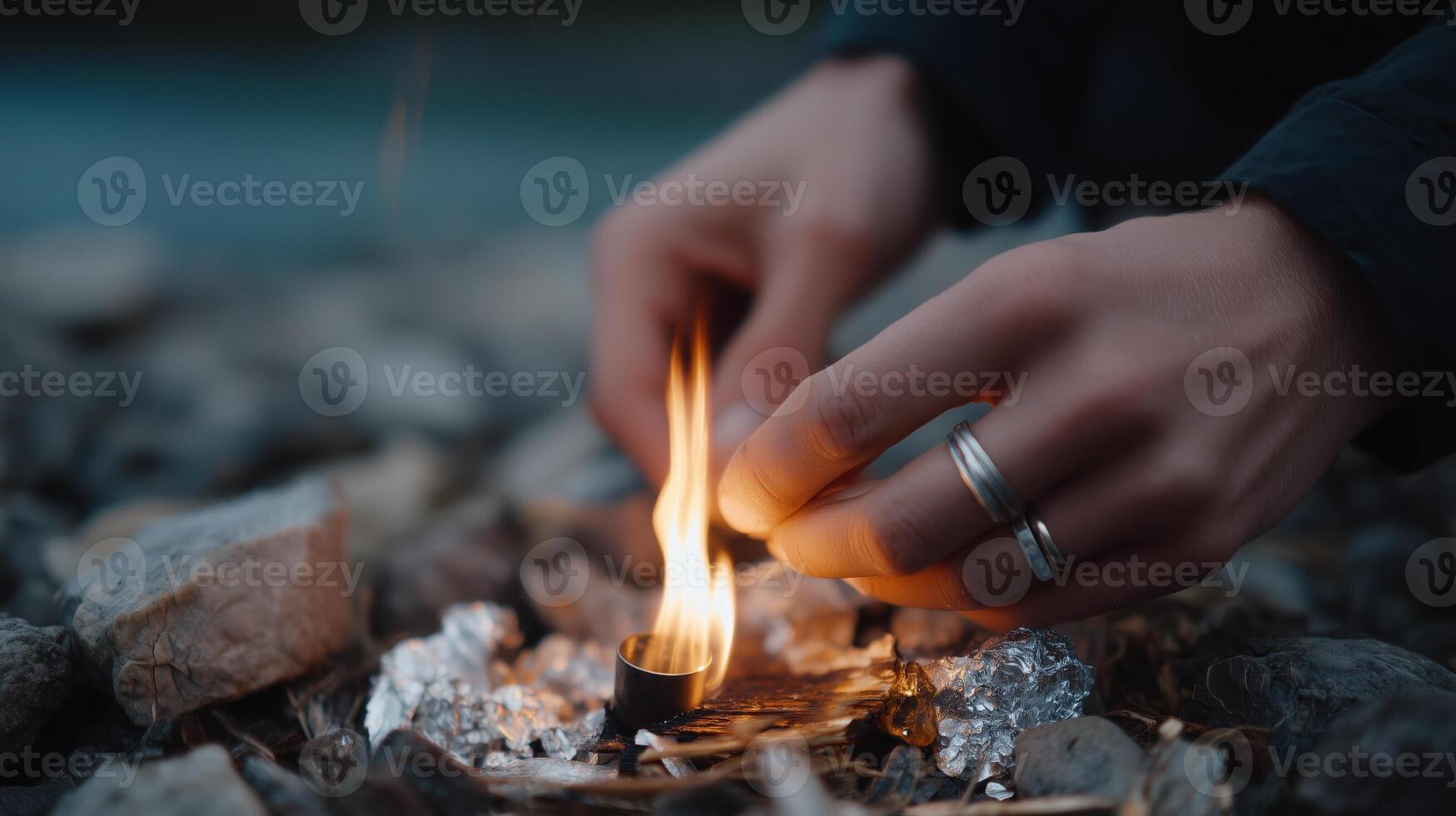 Person starting a small fire using tin can and materials on rocky ground during twilight outdoors photo