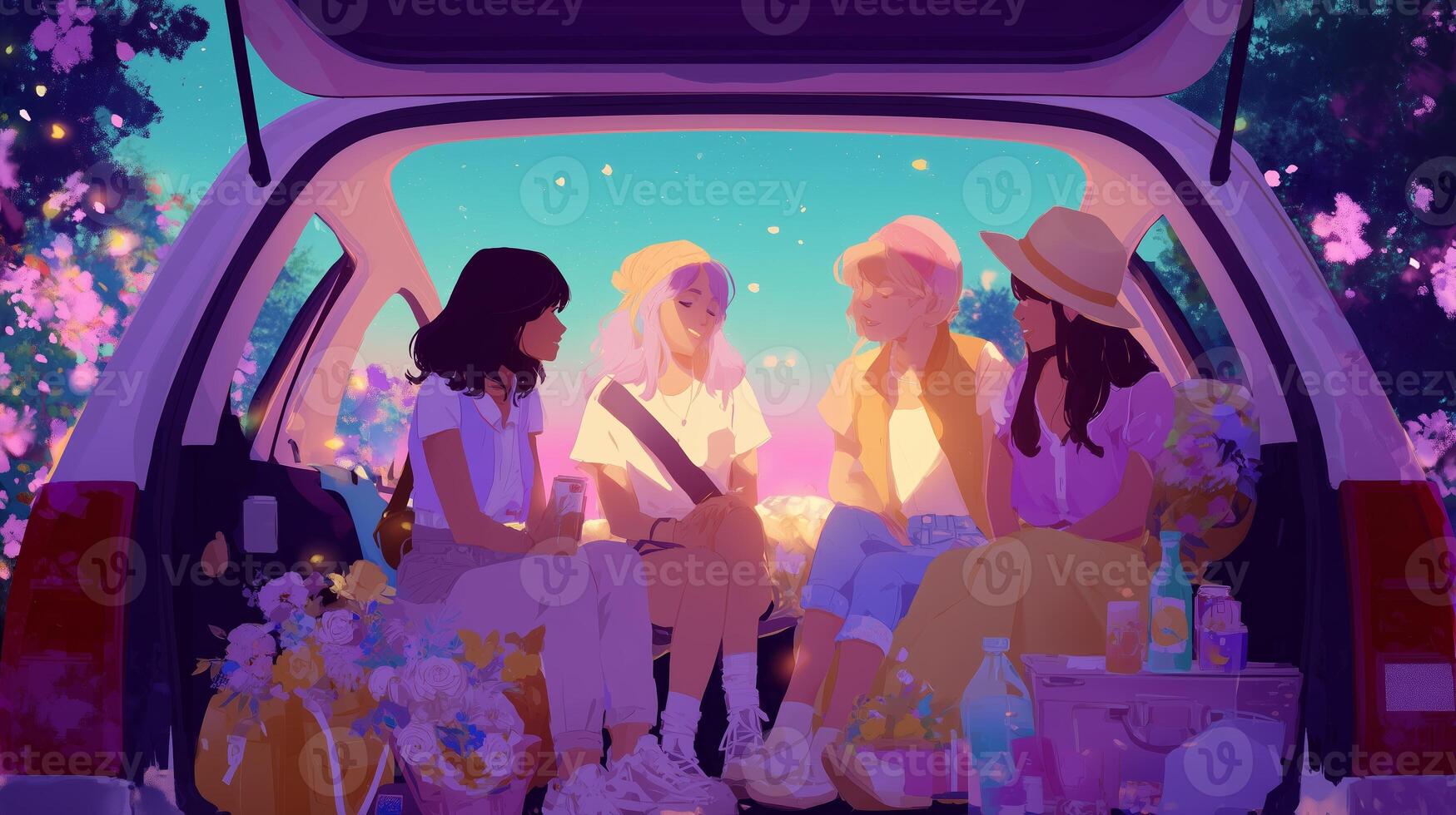 Friends enjoy a sunset gathering in a car trunk filled with snacks and drinks surrounded by blooming flowers photo