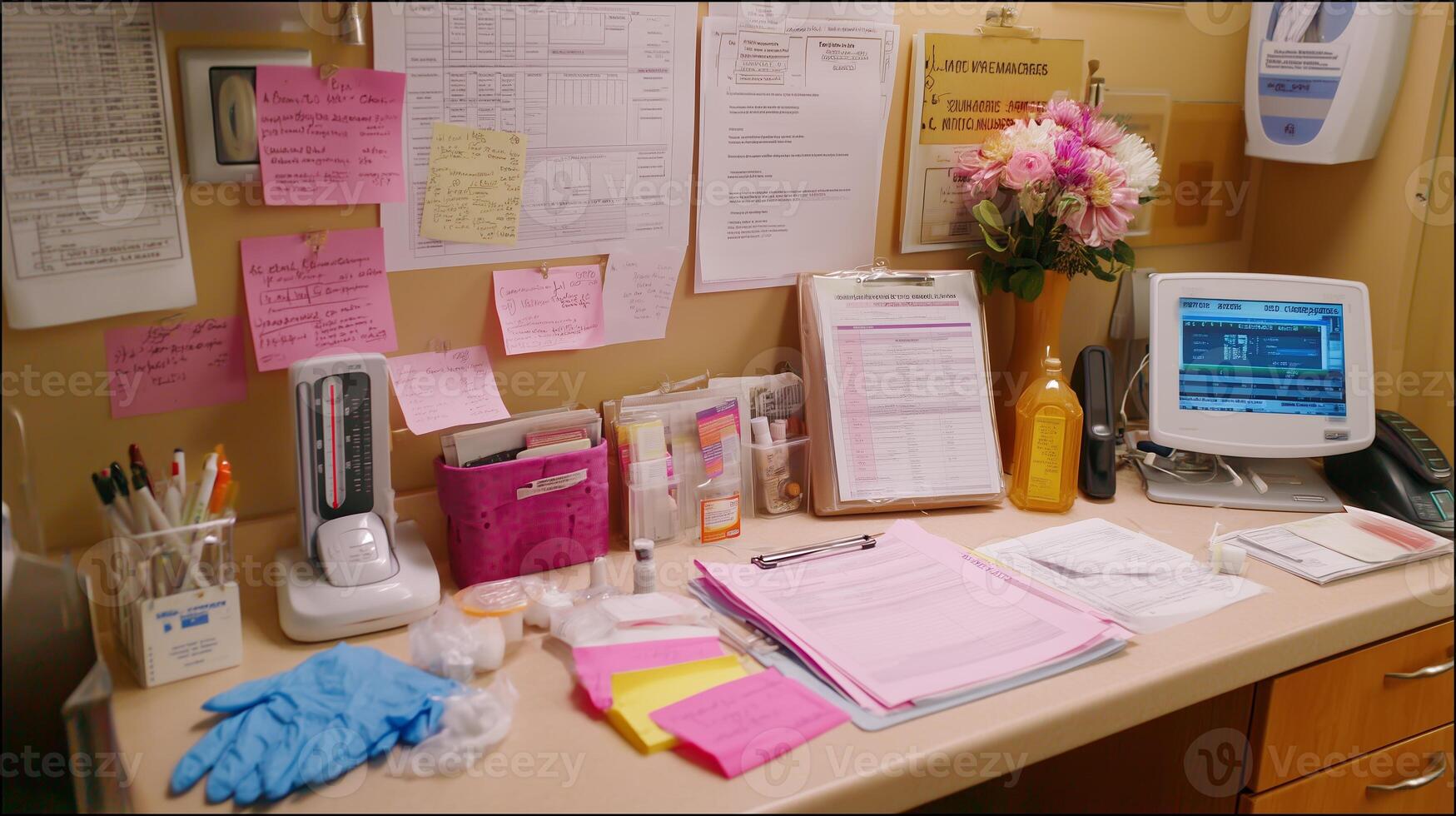 Medical office workspace filled with organized paperwork, supplies, and a computer set up during daytime hours photo