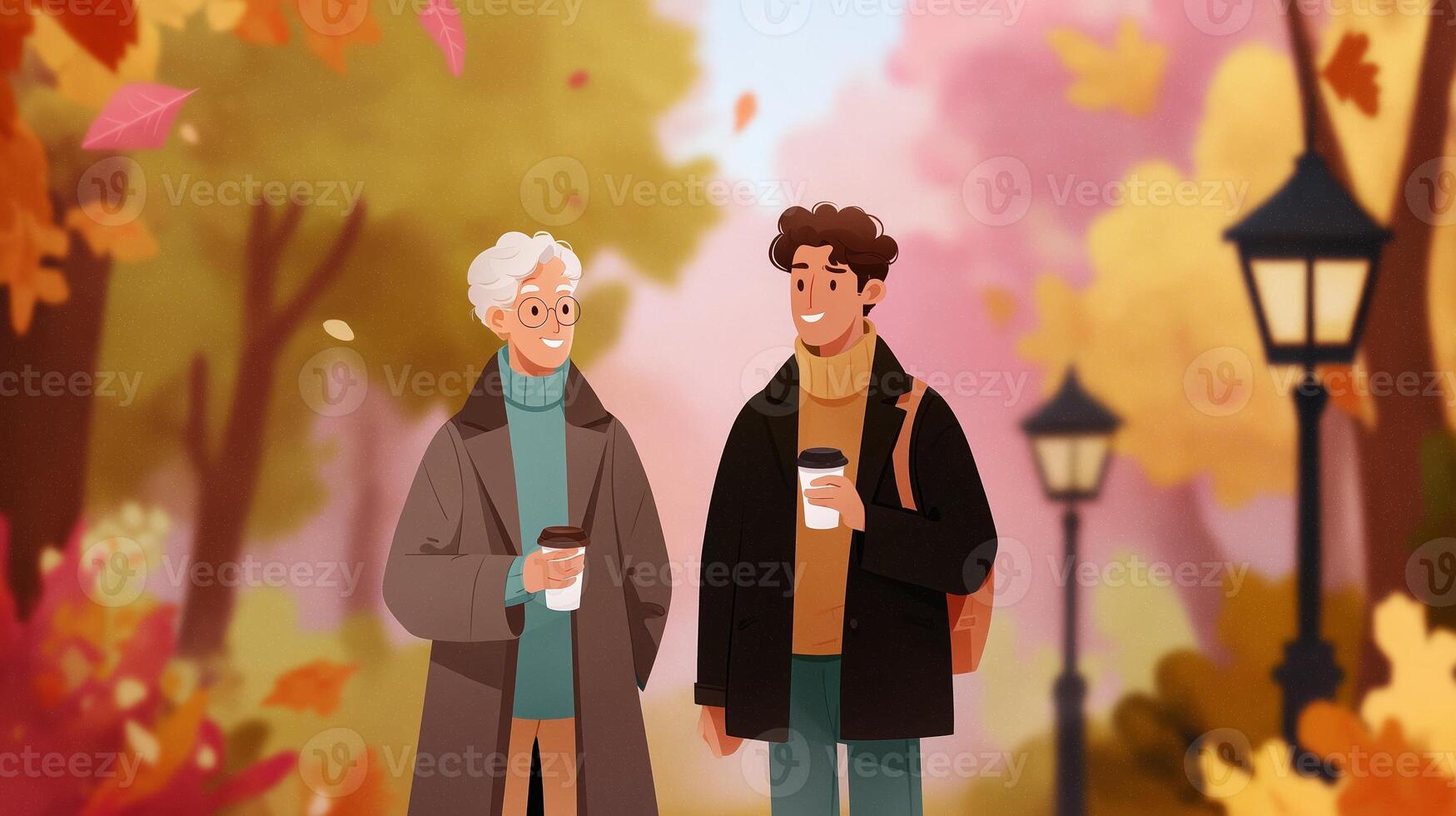 Two friends enjoy a stroll in a colorful autumn park while sipping coffee in the afternoon light photo