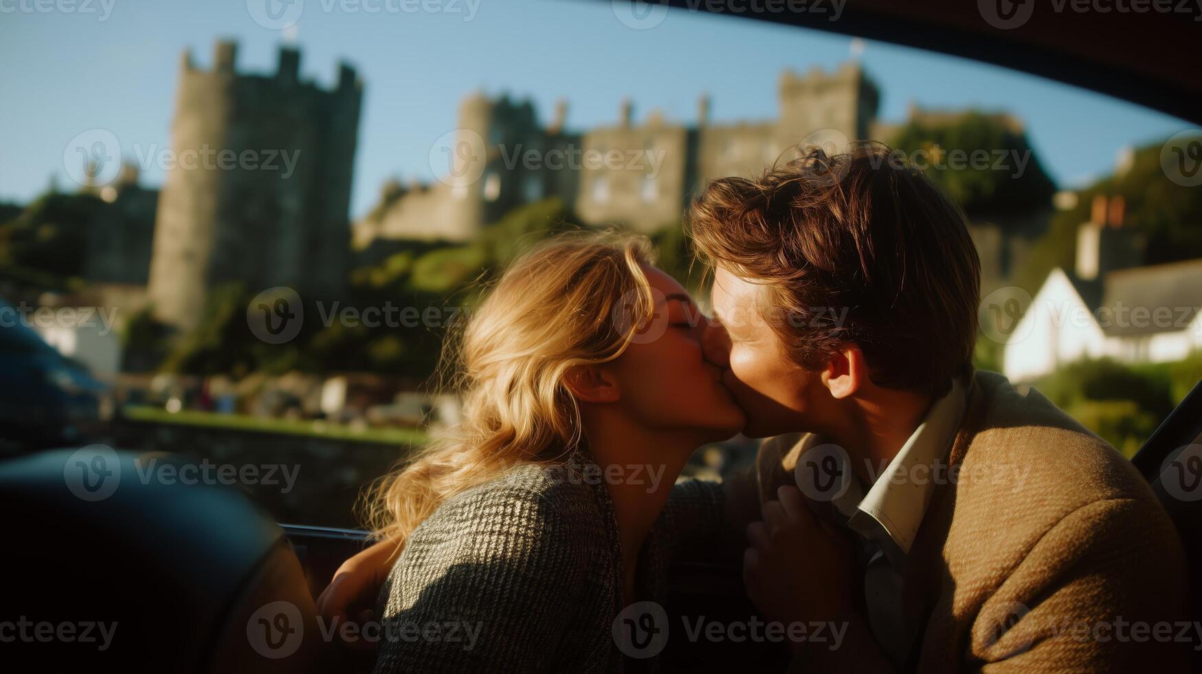 Couple shares a romantic kiss near a historic castle during golden hour in a small town setting photo