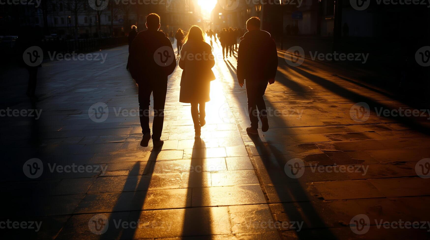 Sunlit promenade with silhouettes of people walking at sunset in an urban setting photo