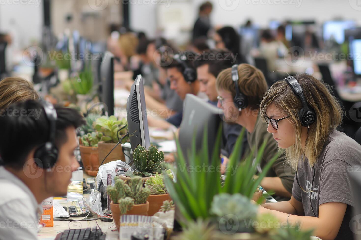 Employees collaborate in a modern office filled with plants, enhancing focus and creativity during work hours photo