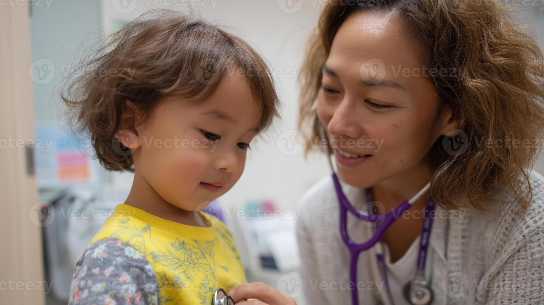 Friendly doctor checks child's heartbeat in a warm clinic setting during a pediatric appointment photo