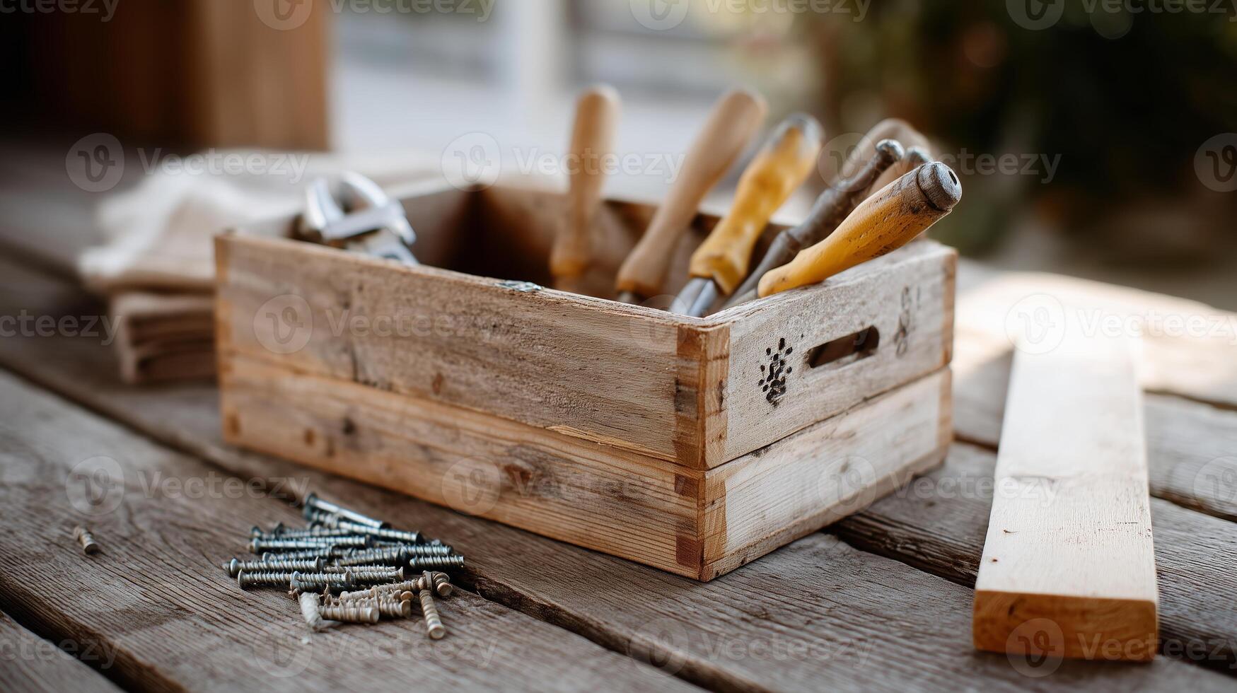 Craft tools organized in a rustic wooden box on a workbench during a sunny afternoon photo