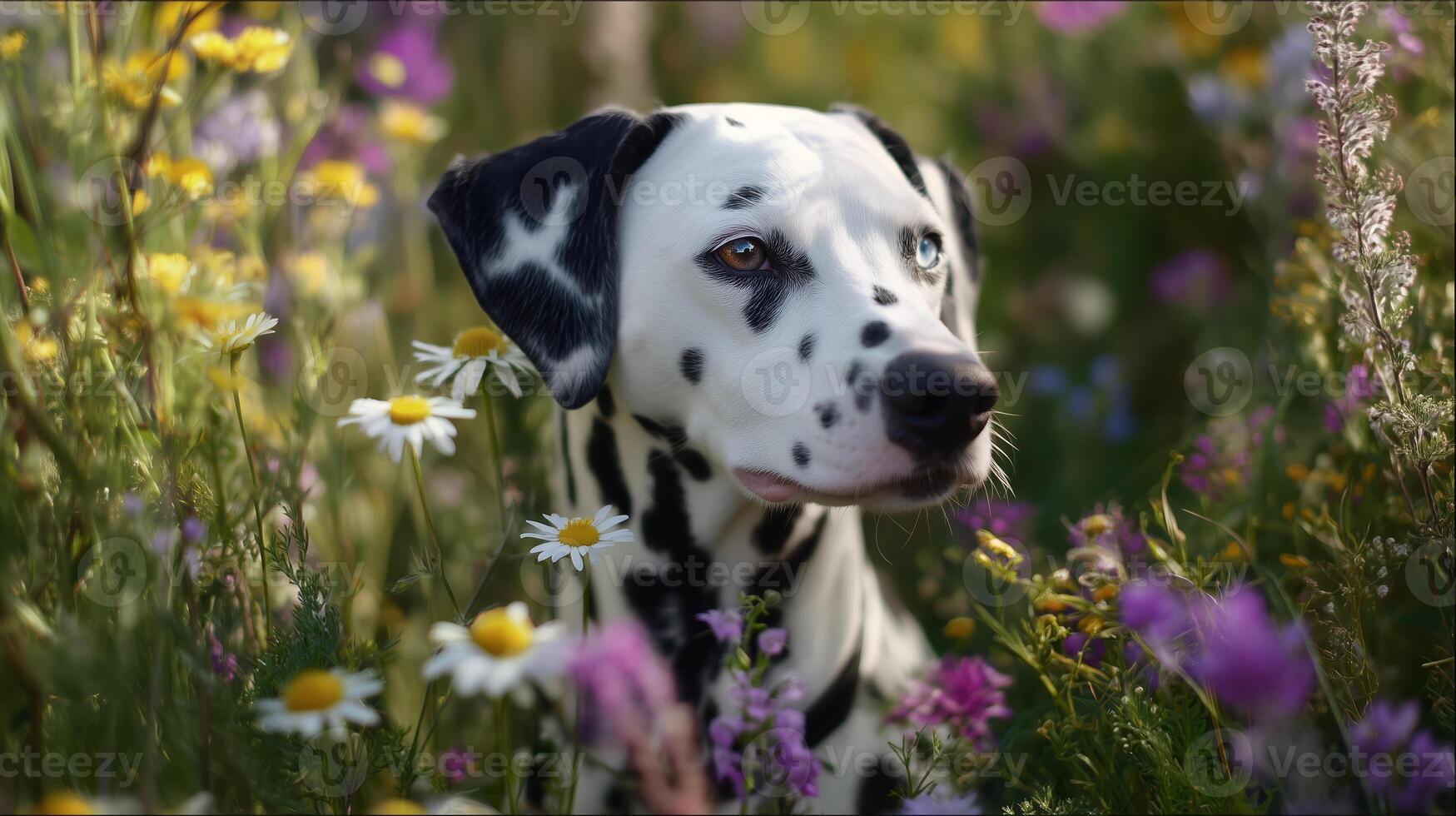 Dalmatian dog enjoying a summer day in a colorful wildflower field filled with daisies and lavender blossoms photo