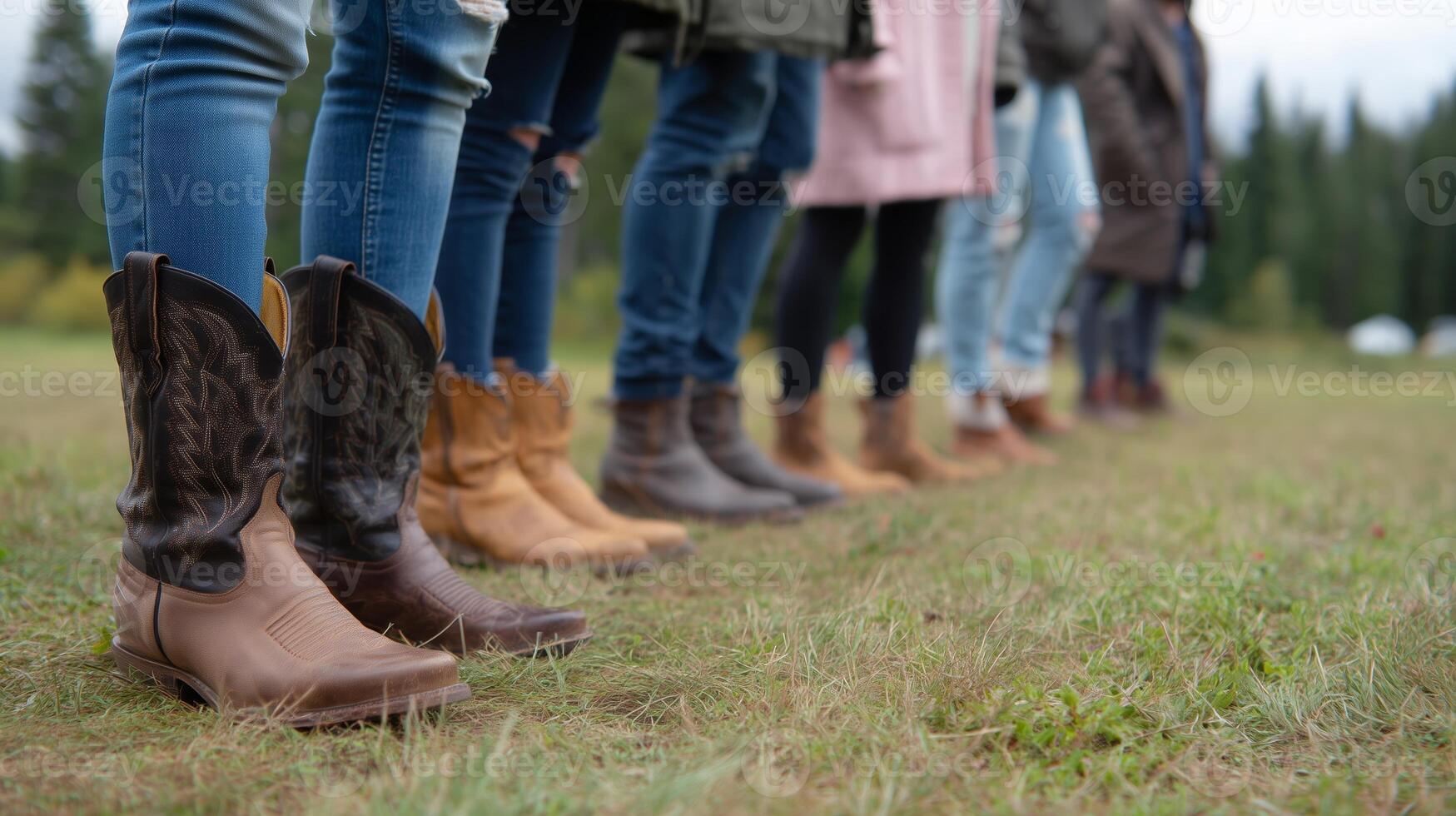 Group of people in cowboy boots standing in a line on grassy field during a cloudy day in a rural area photo