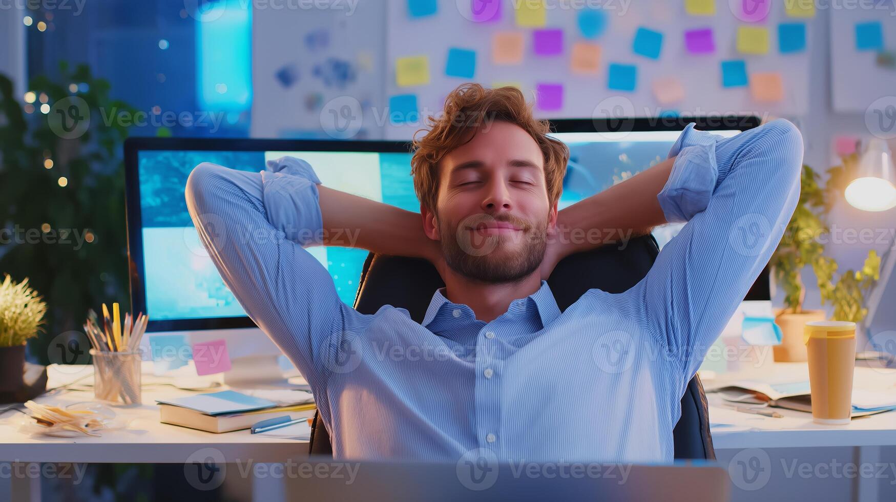 Relaxed man enjoying a moment of calm in a cozy home office during evening hours photo