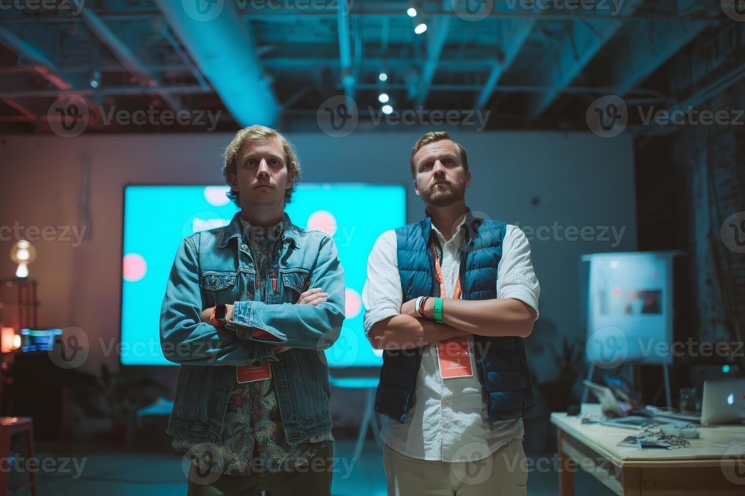 Two men stand confidently during a technology event showcasing innovative designs in a modern venue photo