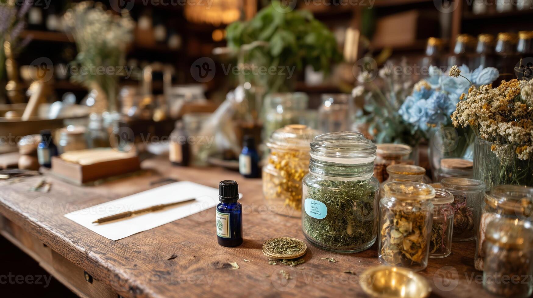 Exploring an herbalist workshop filled with jars of herbs, flowers, and natural remedies in a rustic setting photo