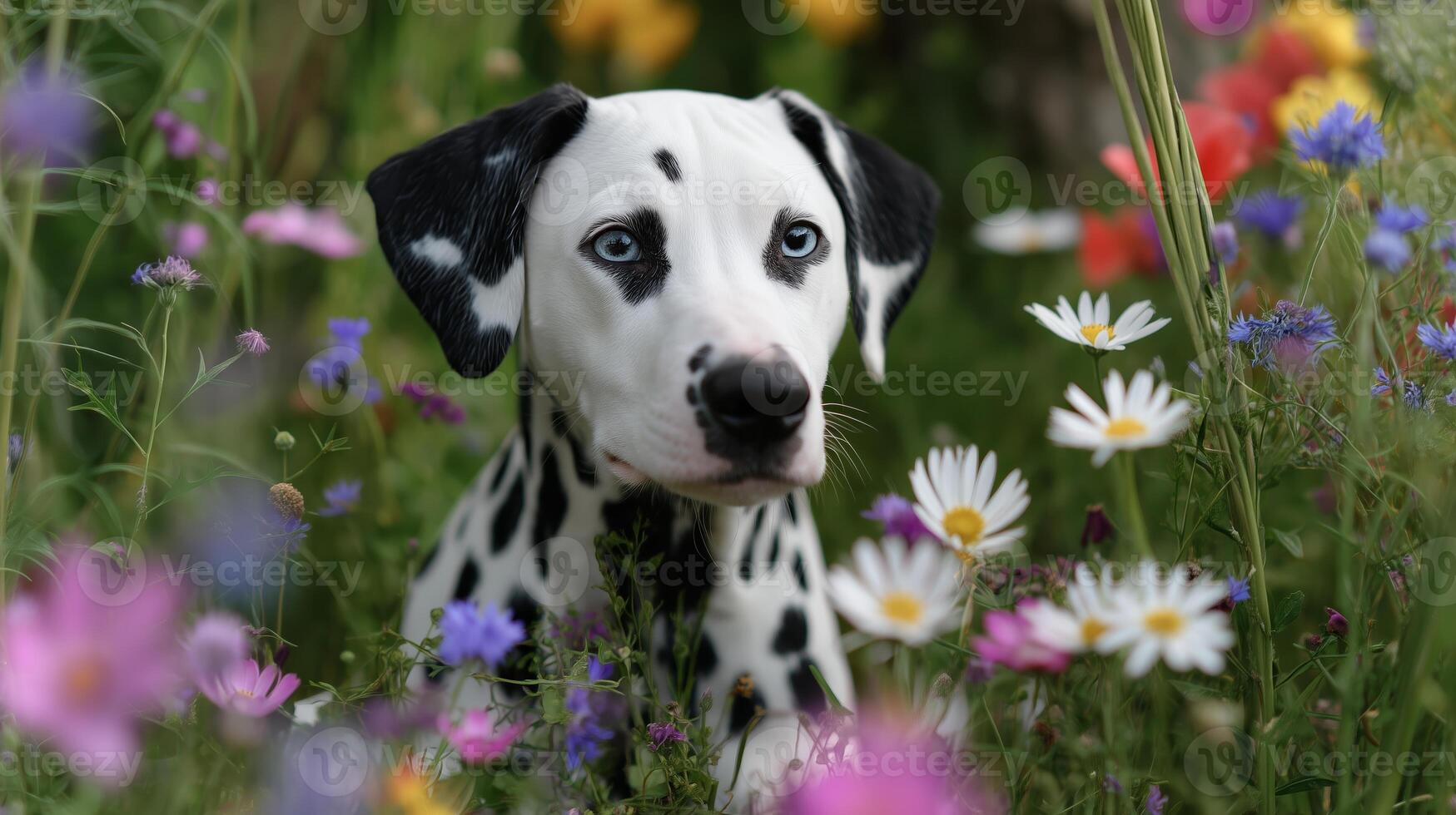Dalmatian puppy surrounded by colorful wildflowers in a sunny garden during springtime photo