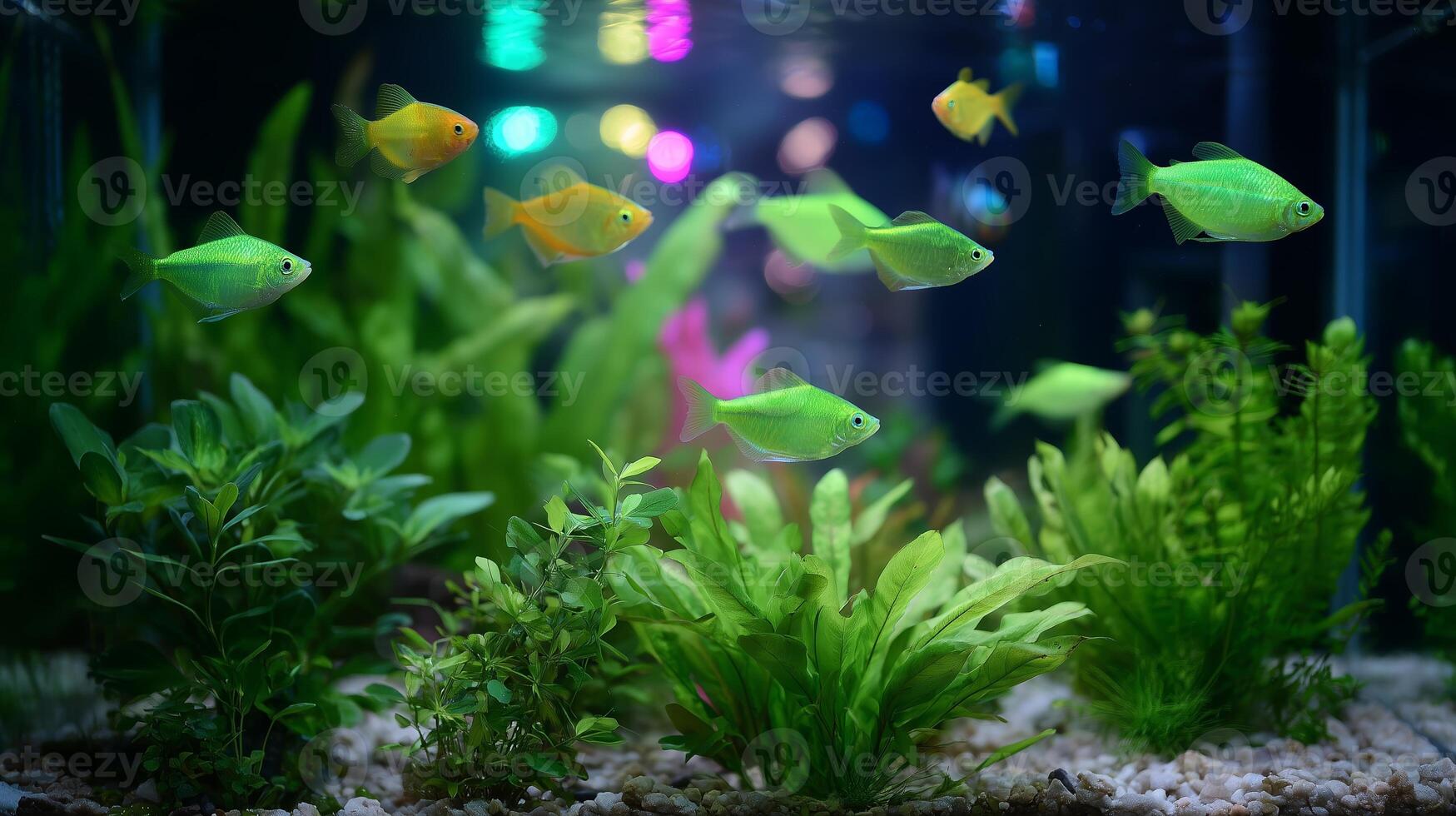 Colorful fish swimming in a vibrant aquarium with lush greenery in soft lighting photo