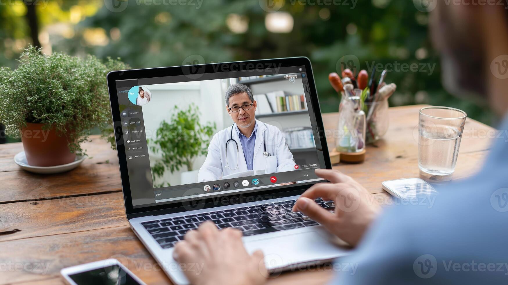 Virtual consultation with a doctor while sitting outdoors at a wooden table during the day photo
