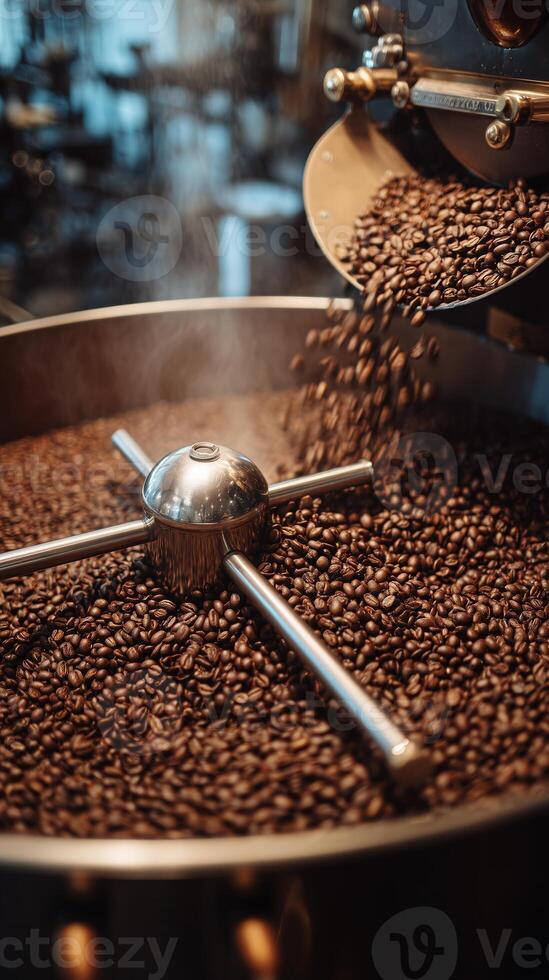 Freshly roasted coffee beans being processed in a modern coffee roasting machine at a local cafe photo