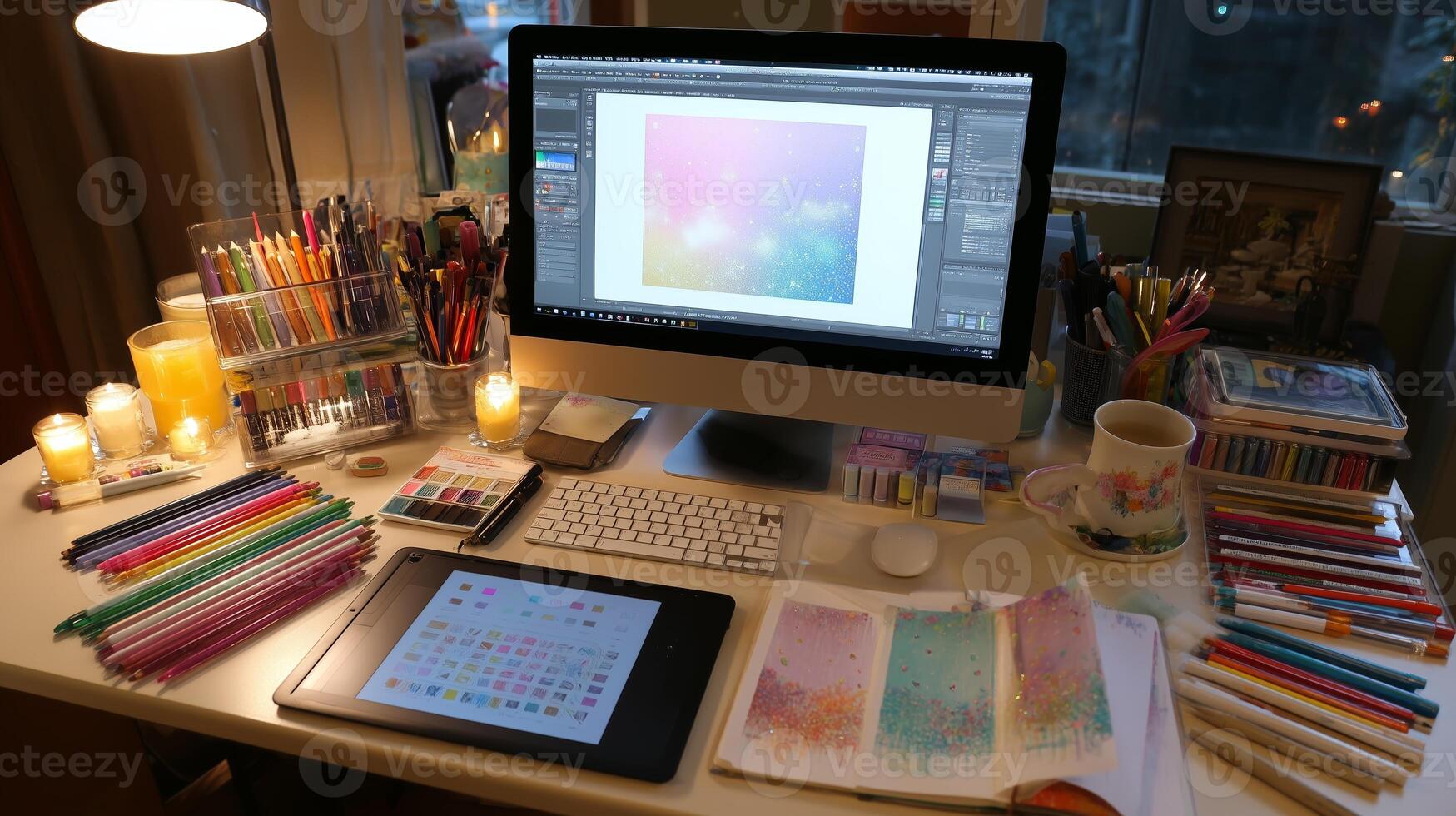 Creative workspace filled with art supplies, colorful pens, and a digital tablet in an inviting setting photo