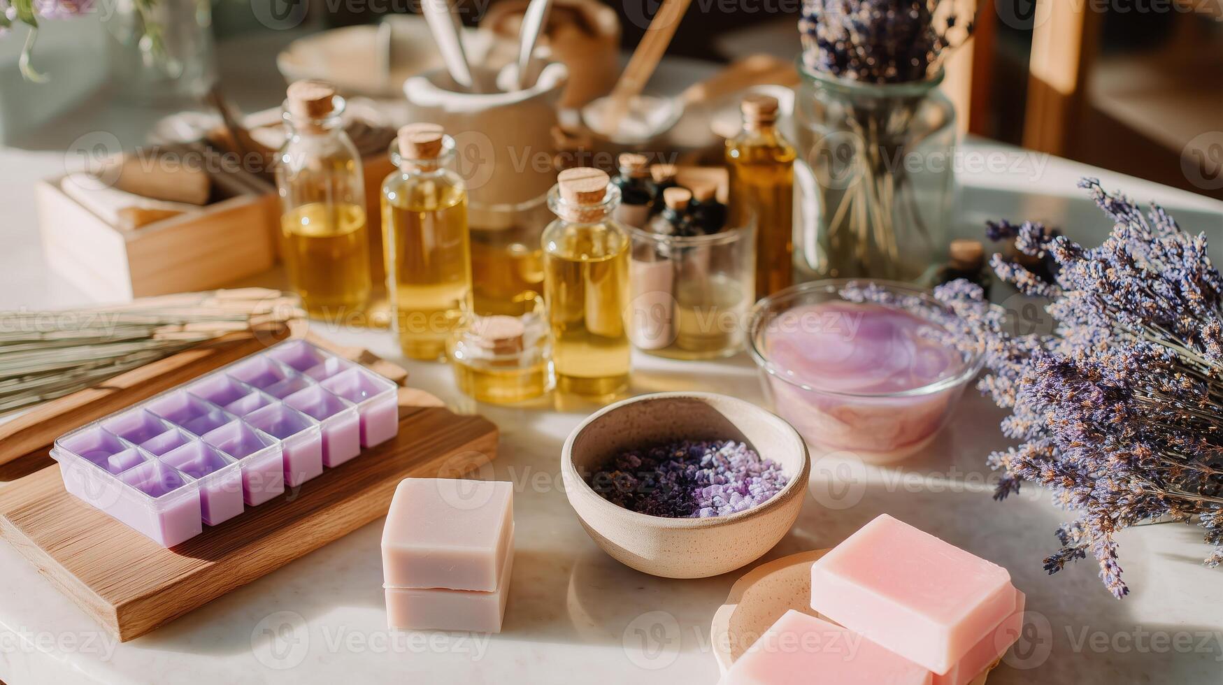 Crafting natural handmade soaps with essential oils and lavender at a sunny workshop photo