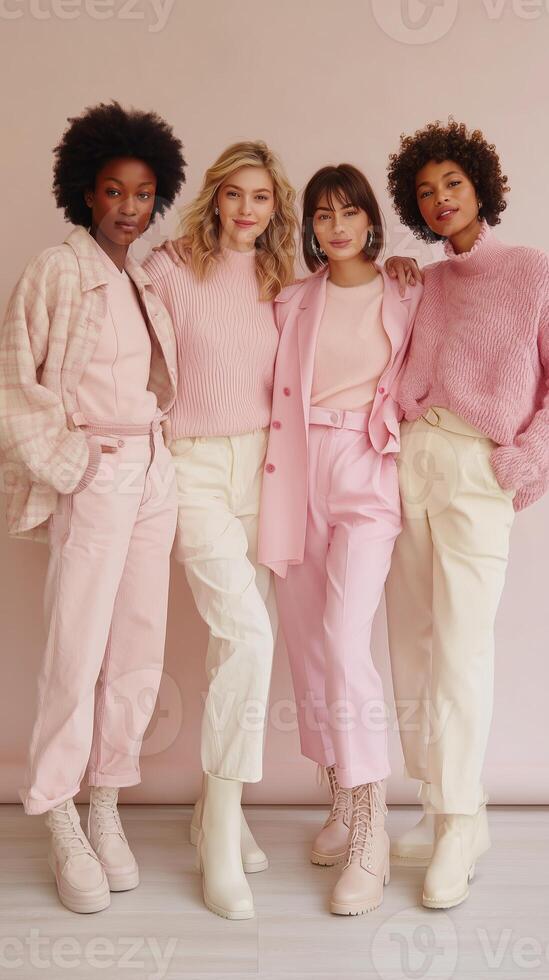 Group of women posing in stylish pastel outfits against a neutral background during a fashion show or photoshoot photo