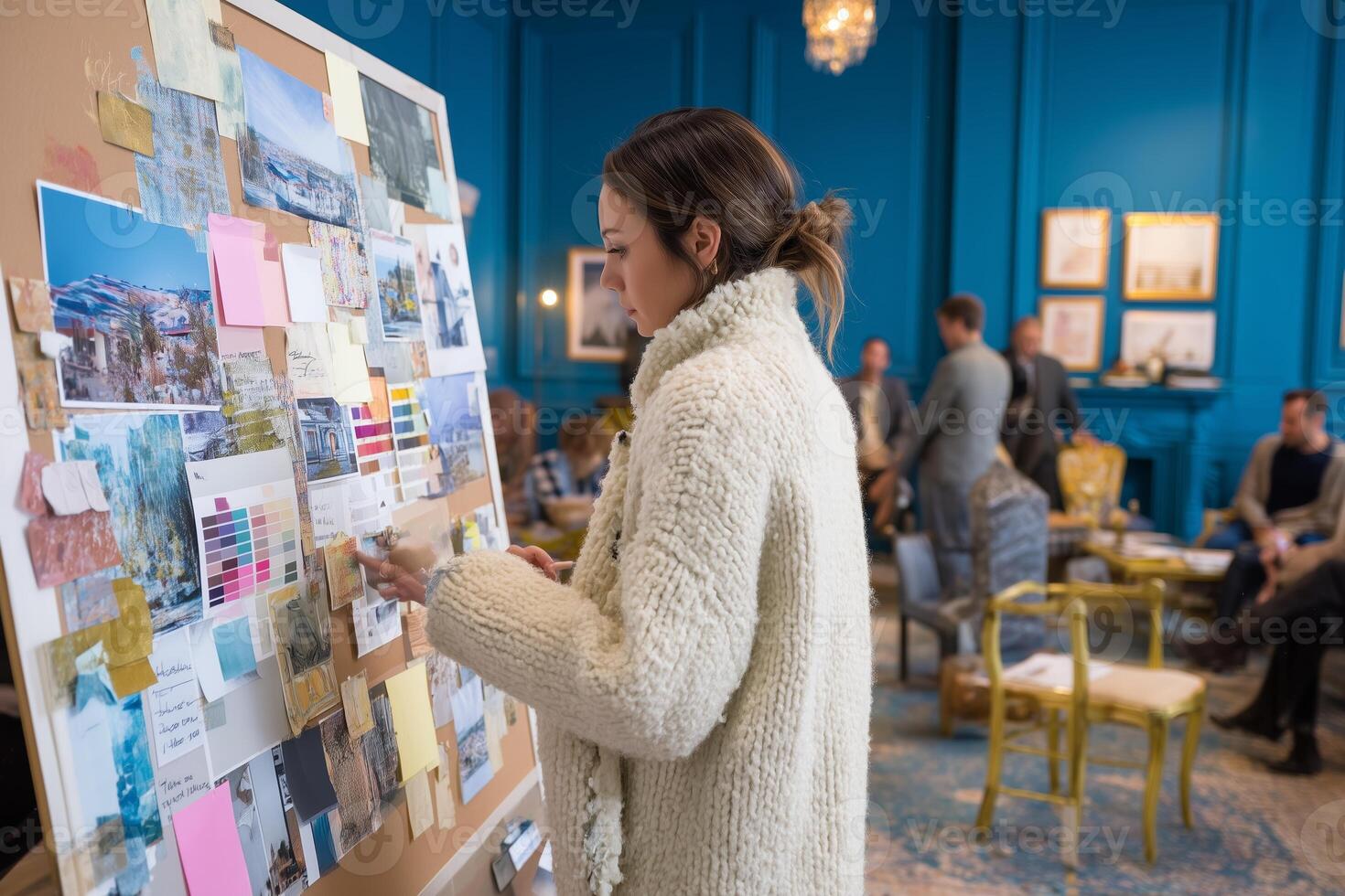 Creative brainstorming session in a stylish blue room featuring a vibrant mood board and engaged participants photo