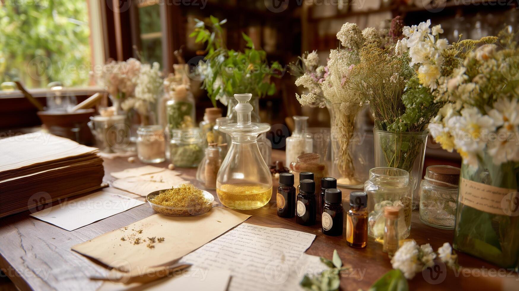 Herbal workshop in a rustic setting showcasing dried flowers and essential oils on a wooden table photo