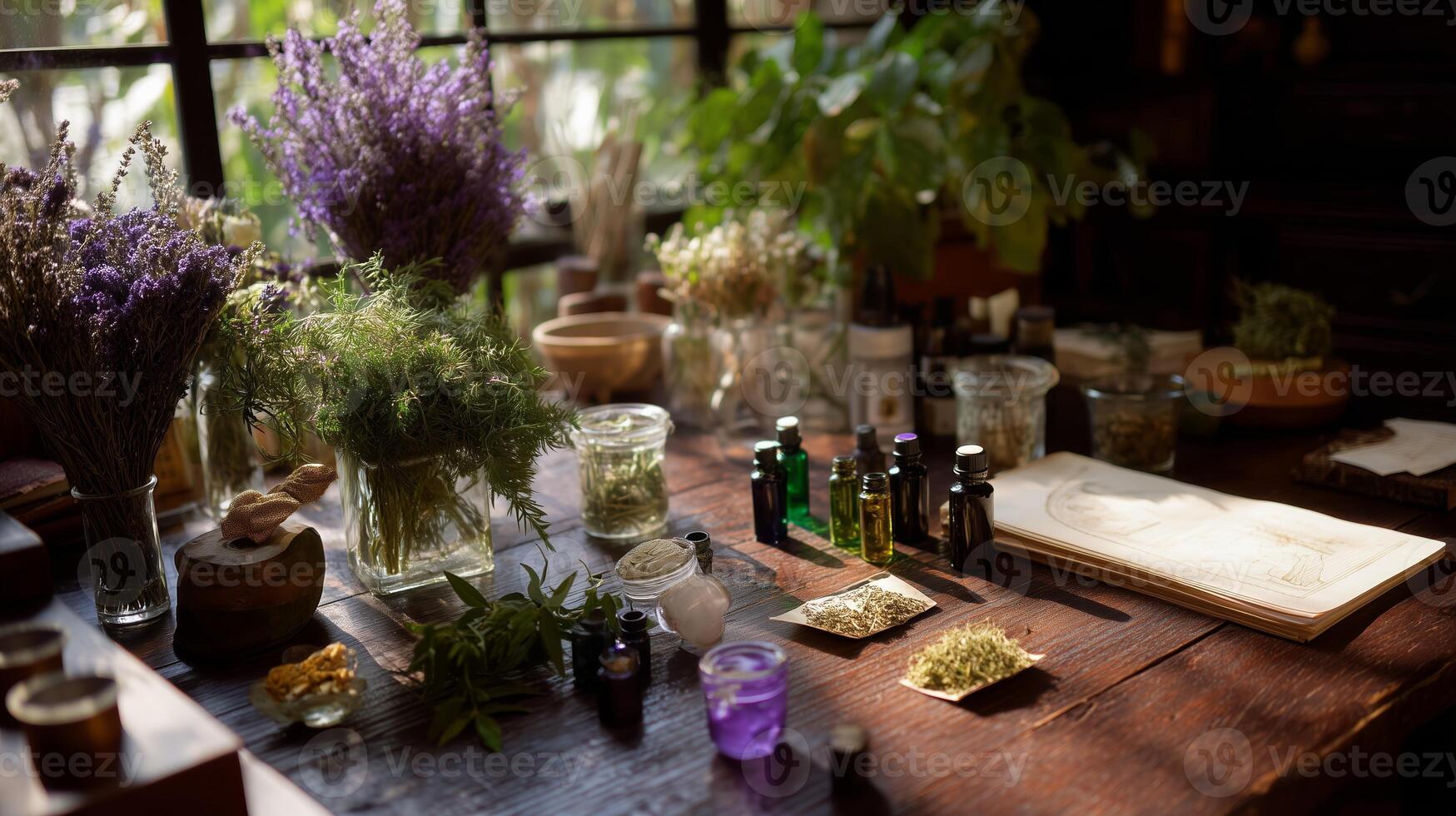 Exploring the art of herbalism in a cozy apothecary with vibrant plants and essential oils photo