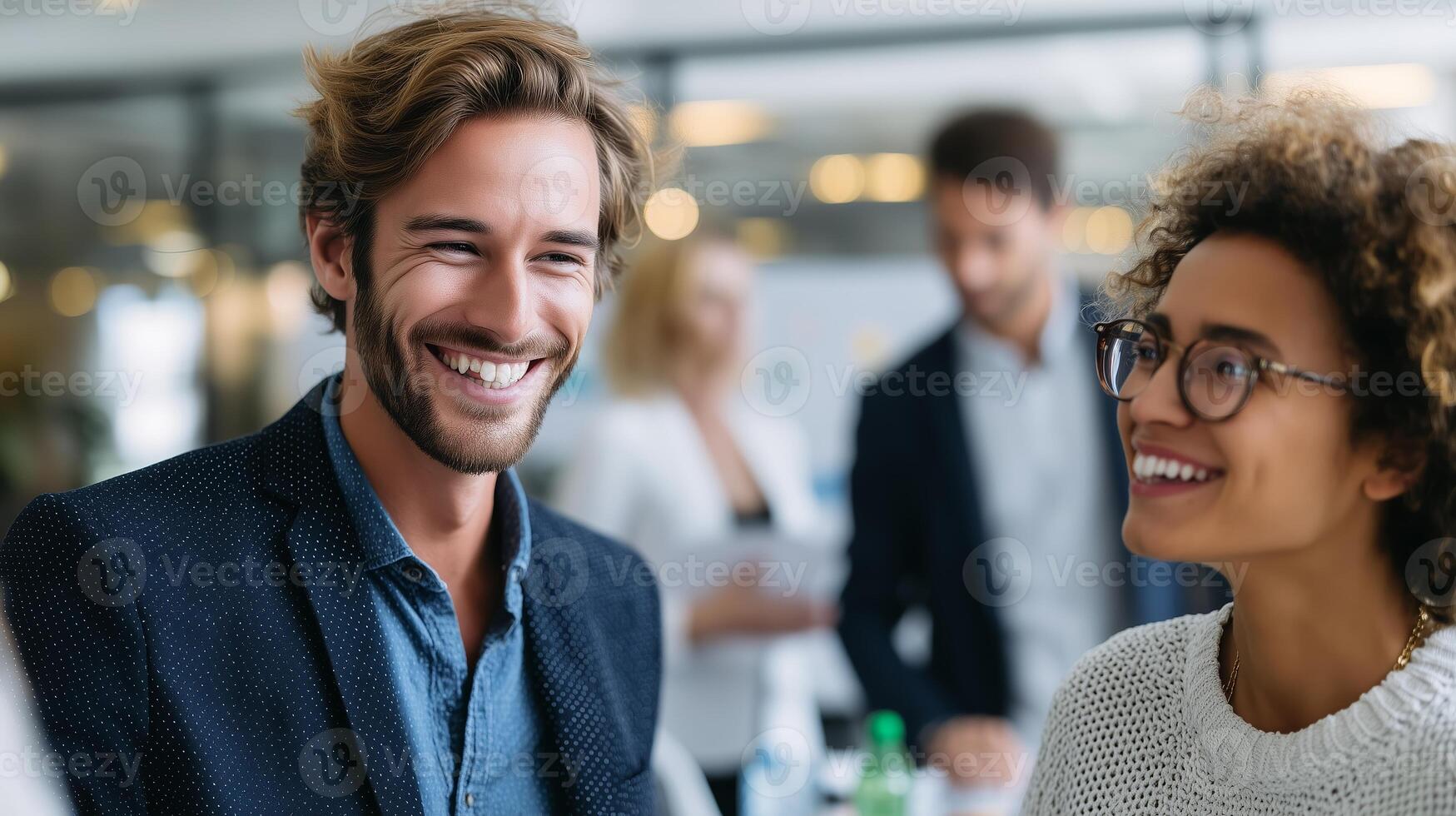 Engaging conversation between professionals in a modern office setting during a business networking event photo
