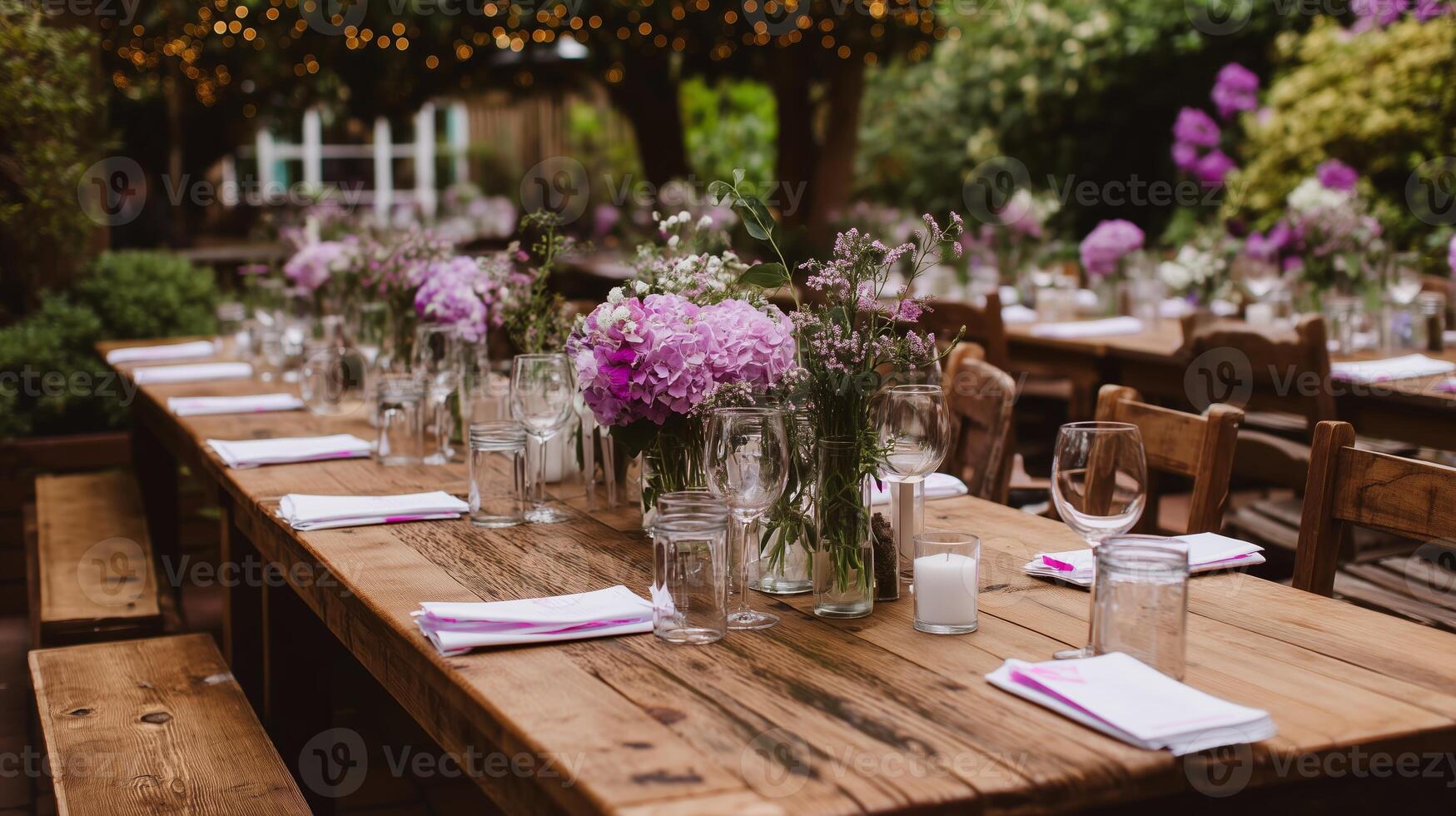 Beautiful outdoor dining setup with flowers at a rustic venue during evening hours photo