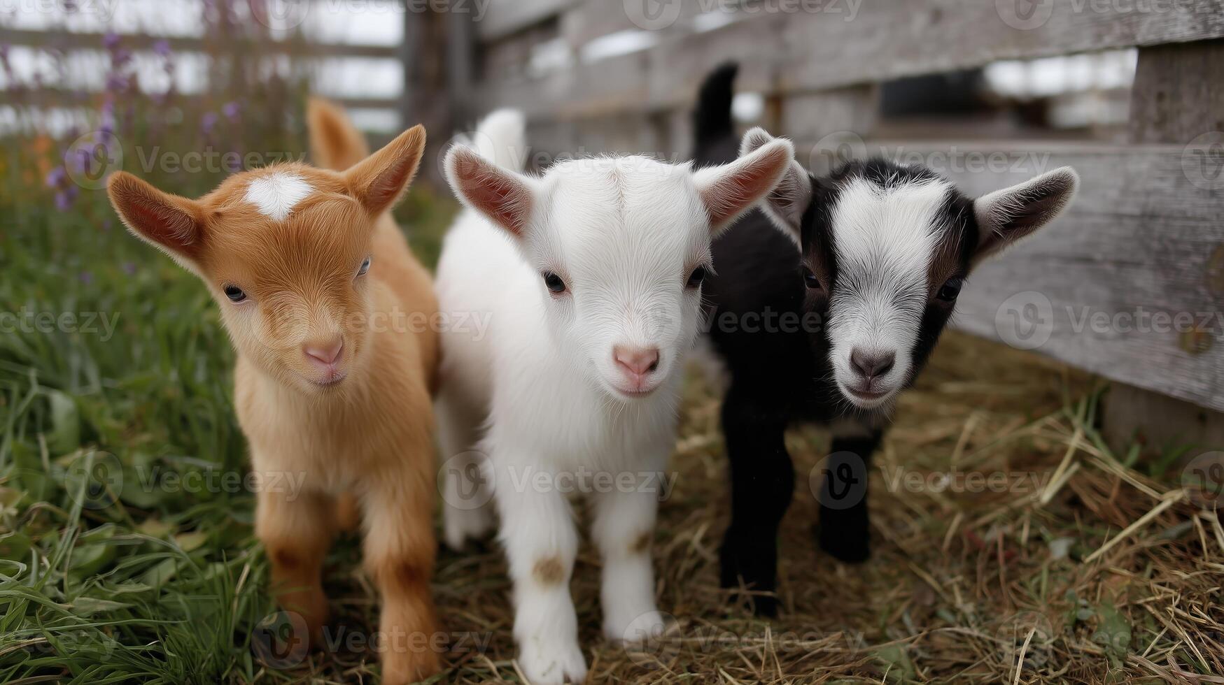 Three playful baby goats gathered together in a sunny farmyard during a spring afternoon photo