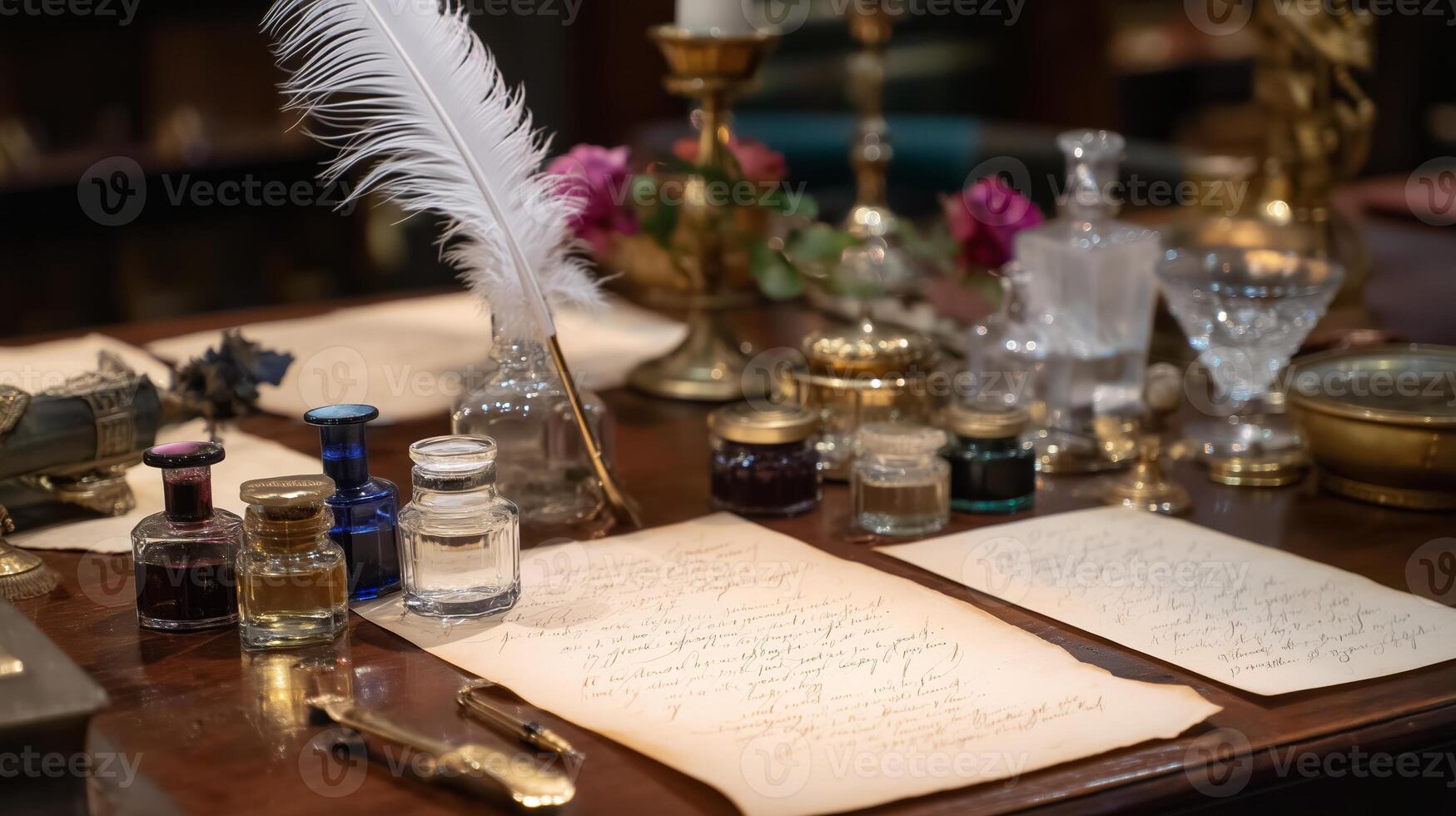 Manuscript writing tools and materials arranged on a wooden desk with a feather quill and decorative items photo