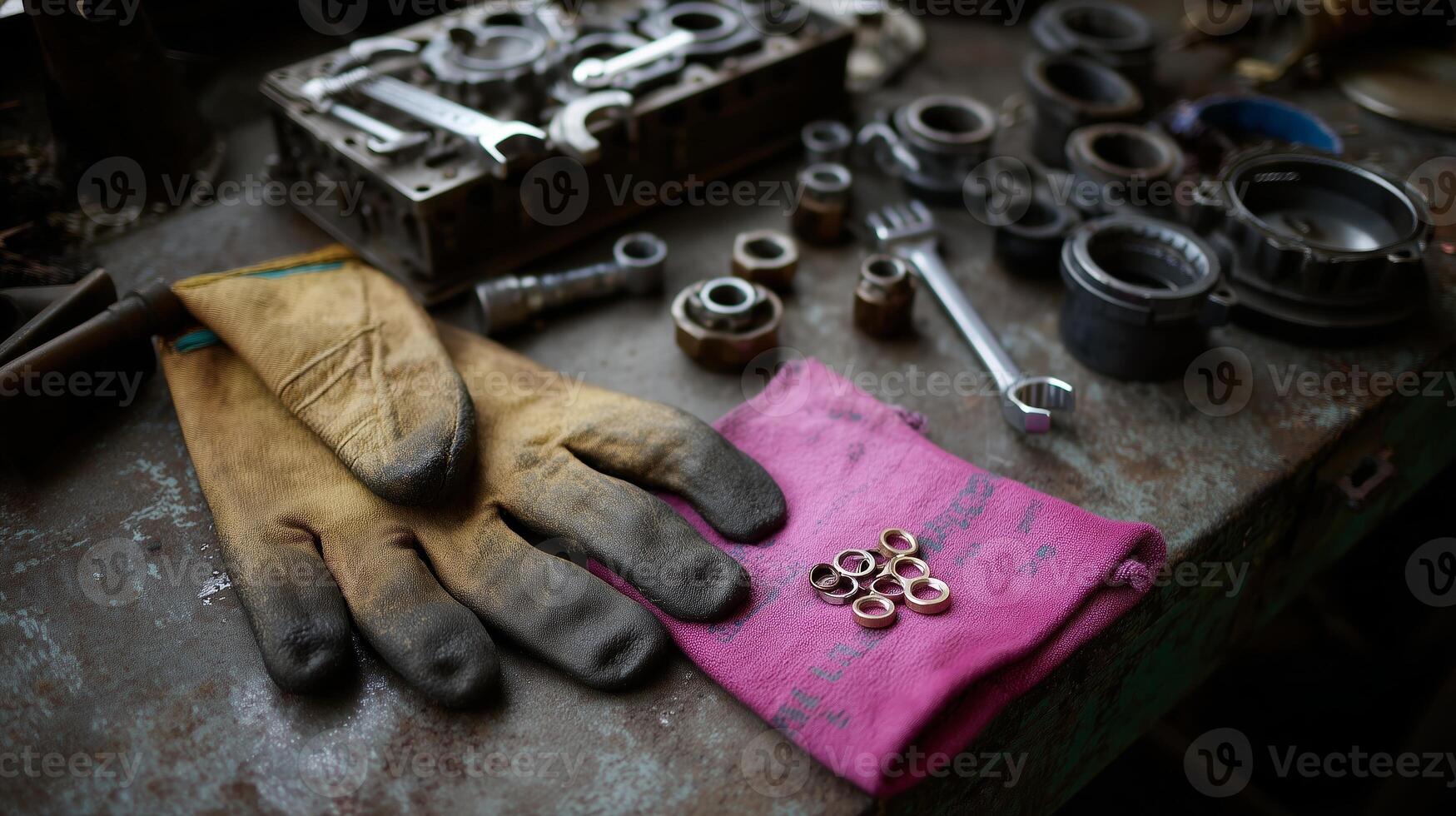 Tools and gloves resting on a workbench in a workshop highlighting mechanical repairs in progress photo