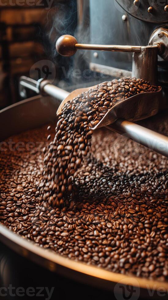 Freshly roasted coffee beans tumble from the roaster in a cozy cafe setting creating an aromatic atmosphere photo