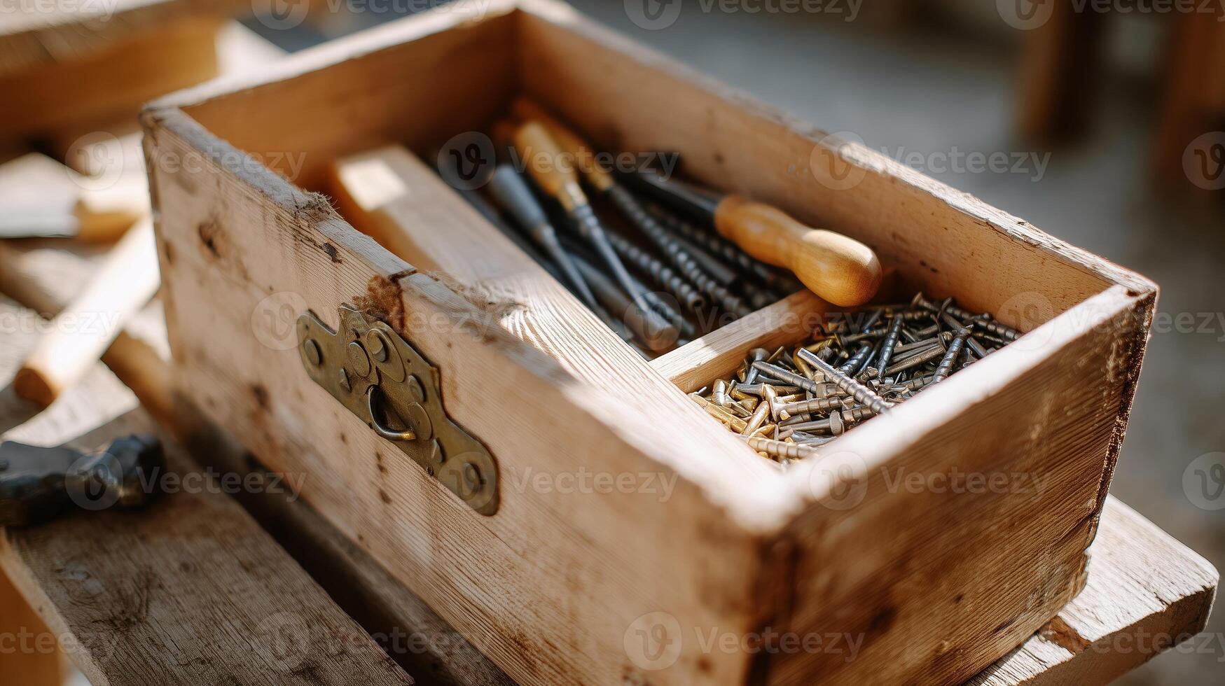 Wooden toolbox filled with various tools and screws set on a workbench in a workshop during daylight photo