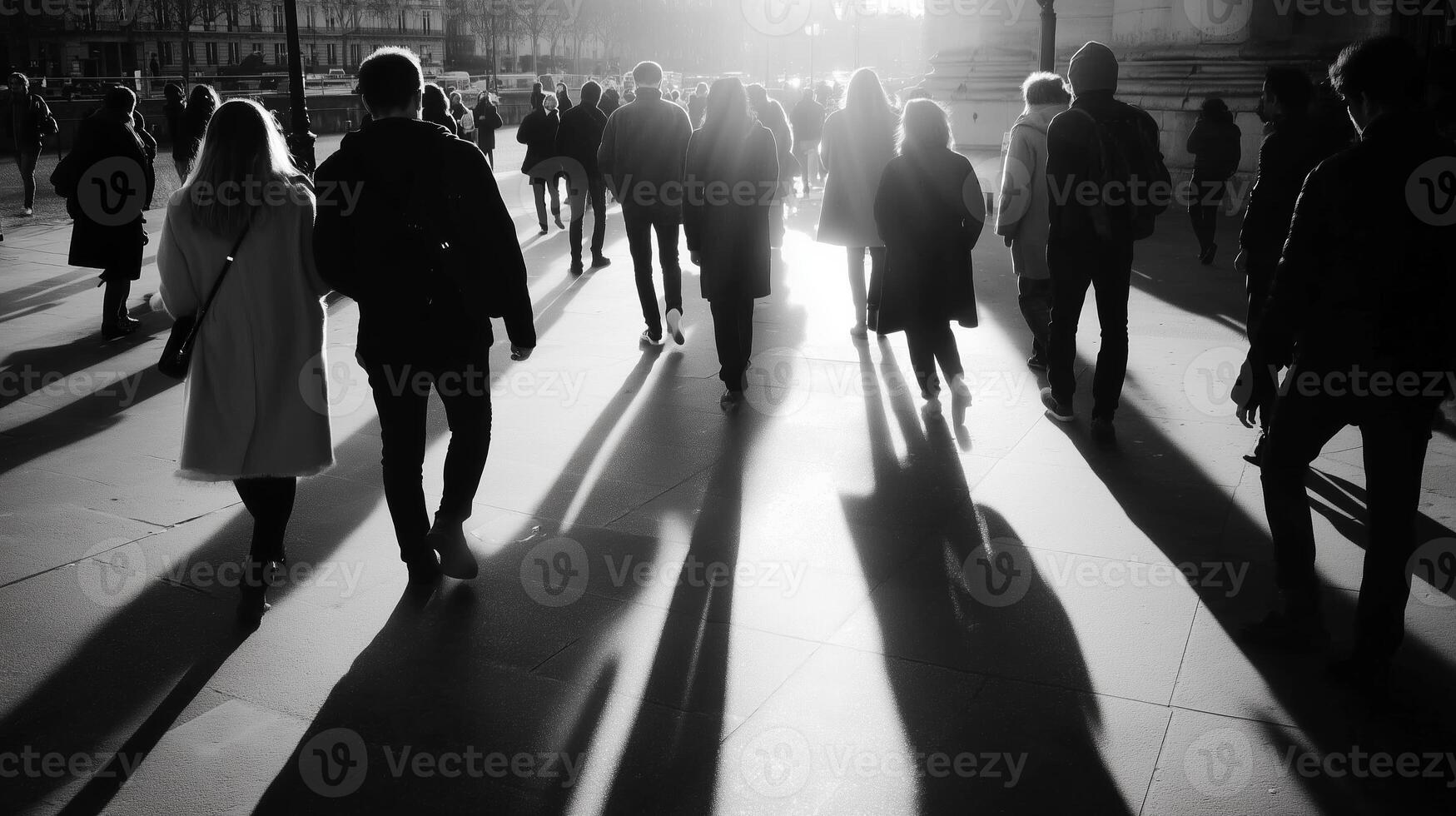 Crowd of people walking in a city street during sunset casting long shadows photo
