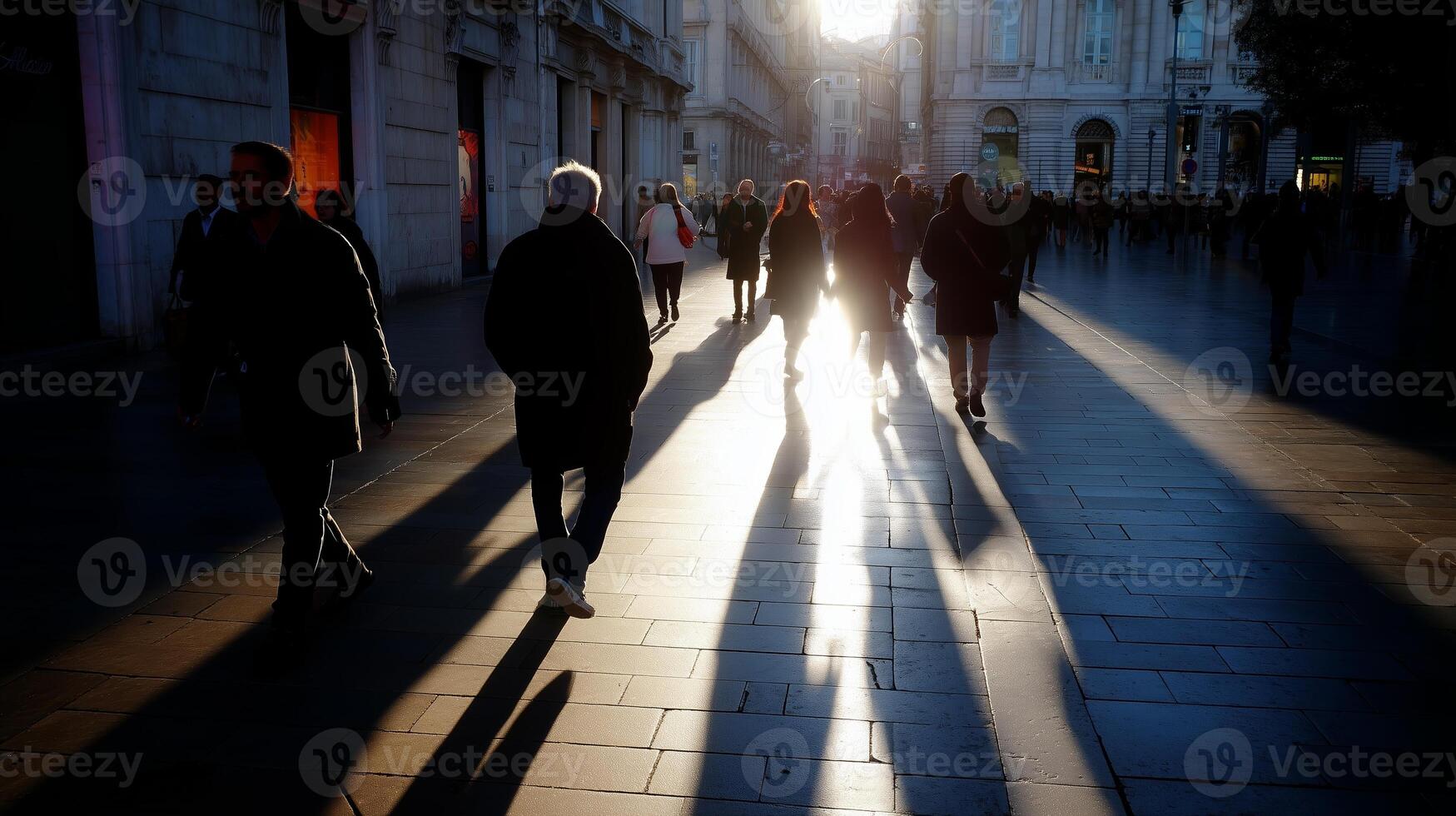 People walking through a historic urban street at sunset with long shadows and warm light reflecting off the pavement photo