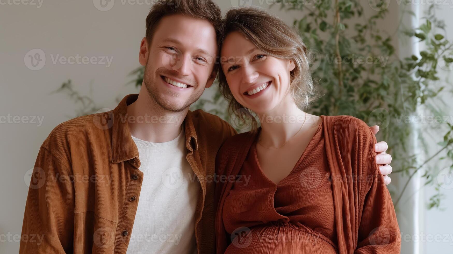 Couple joyfully celebrates parenthood with a loving embrace in a cozy indoor setting during pregnancy photo