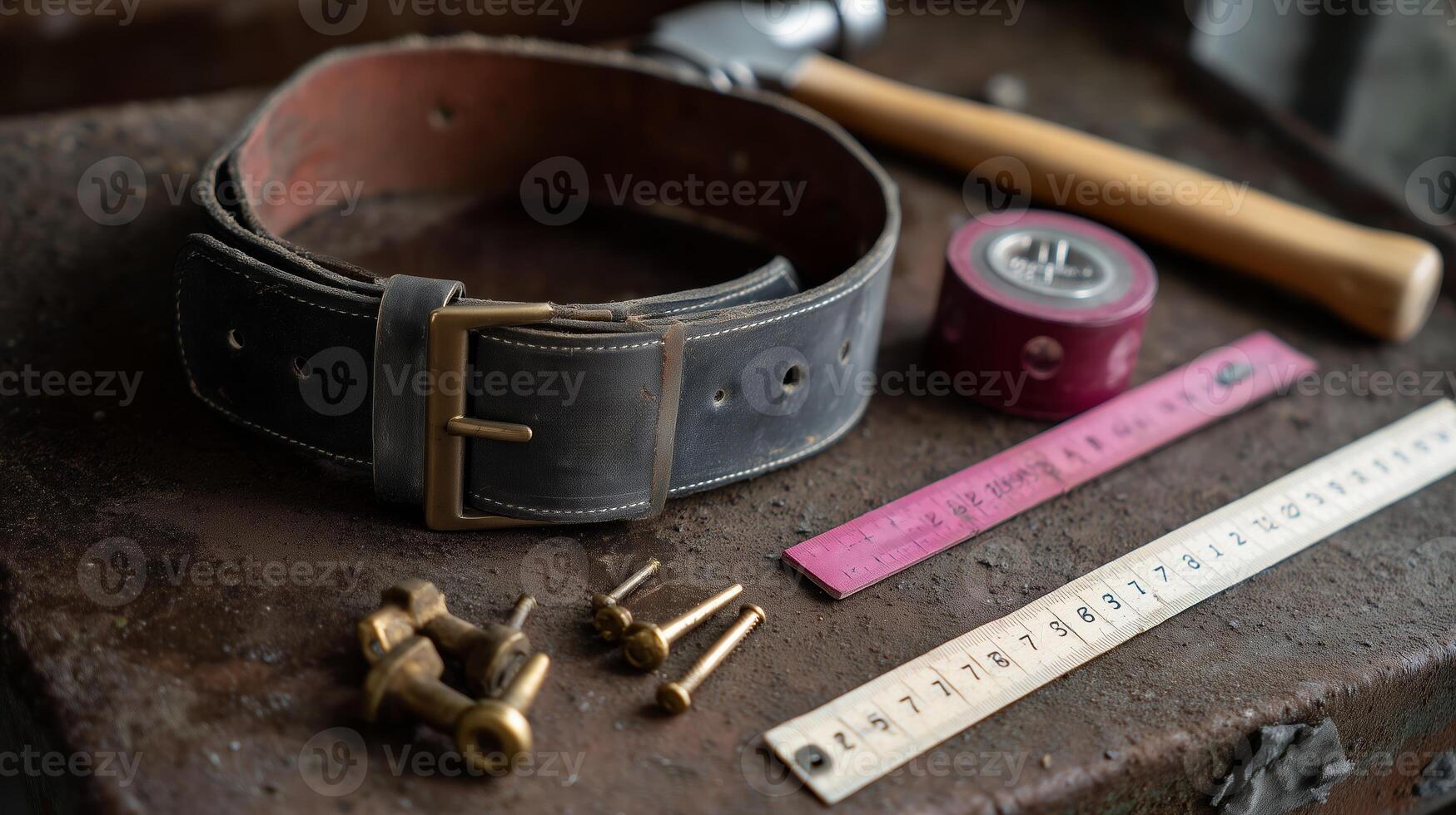 Leather belt and tools arranged on a workbench during a DIY project in a workshop setting photo