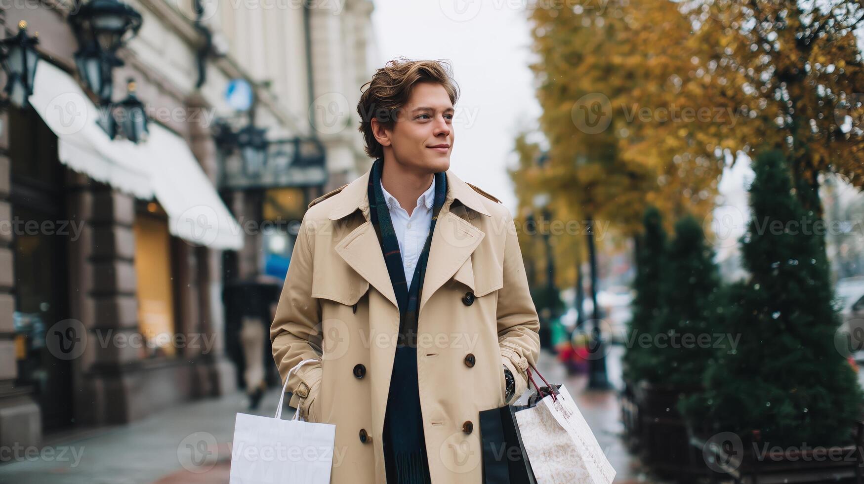 Young man enjoys shopping on a rainy day in a vibrant urban environment surrounded by yellow trees photo