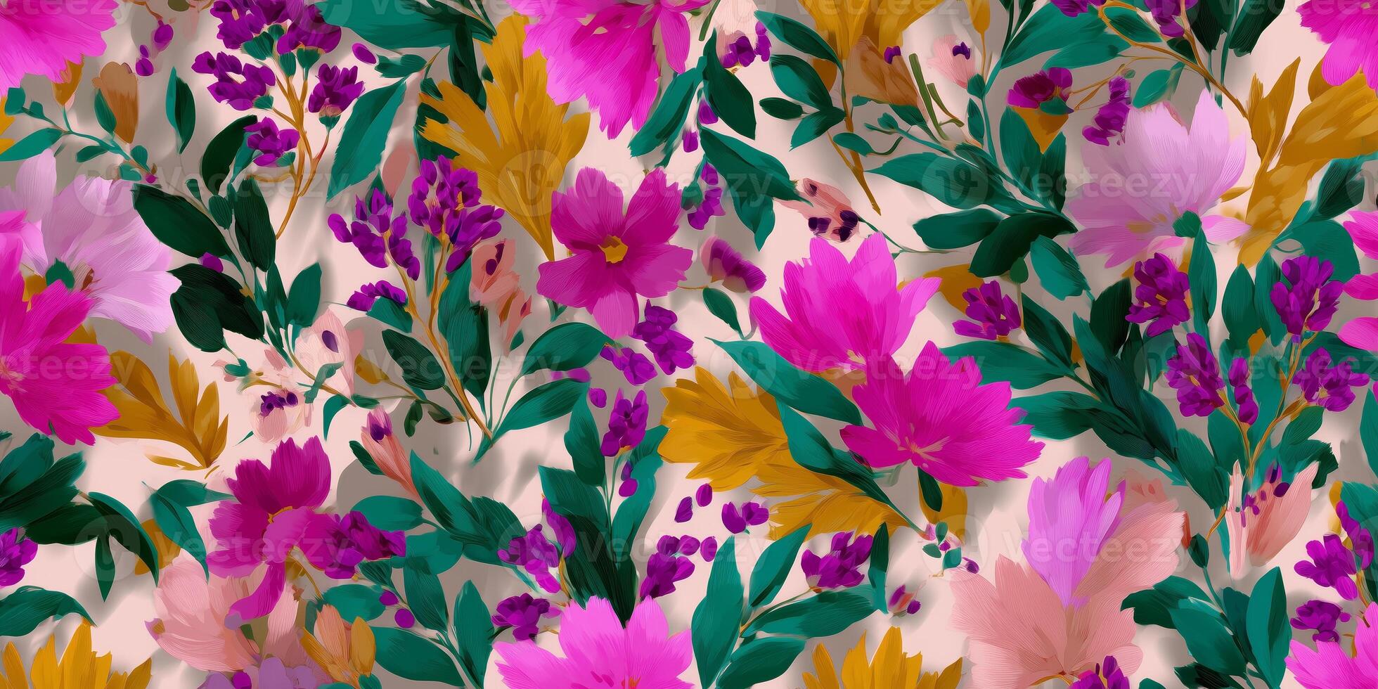 Colorful floral pattern with vibrant blooms and lush greenery in a harmonious arrangement on a soft background photo