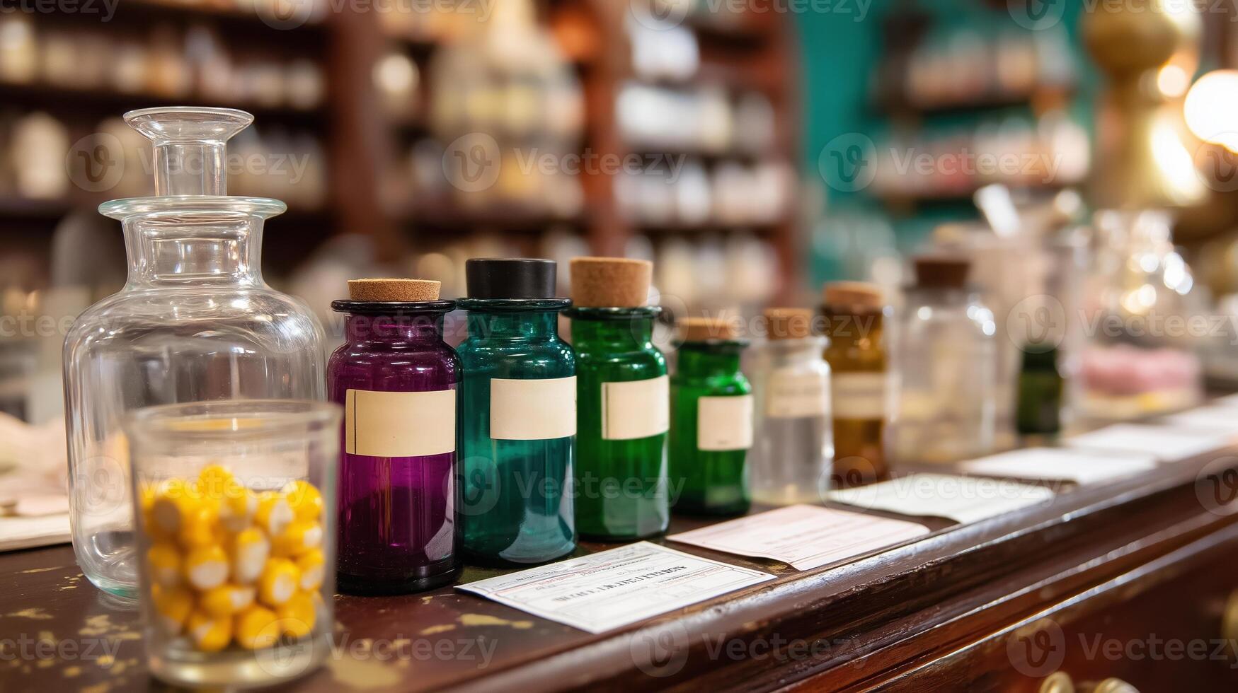 Vintage glass jars filled with herbs and potions displayed in an apothecary shop interior photo
