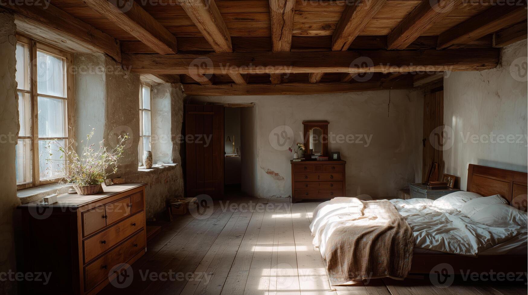 Cozy rustic bedroom with wooden beams and soft sunlight in an old house photo