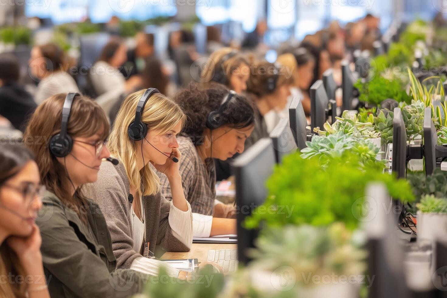 Call center employees communicate with customers while working in a modern office environment filled with greenery photo